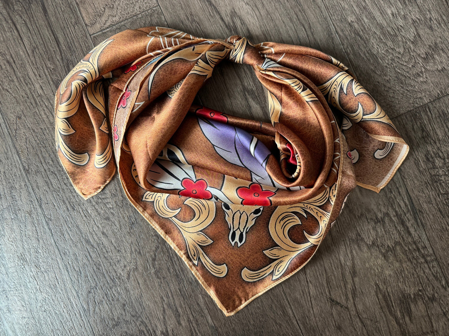 100% Silk Wild Rag Brown Boot inspired western skulls, feathers, and flowers by Double B Wild Rags