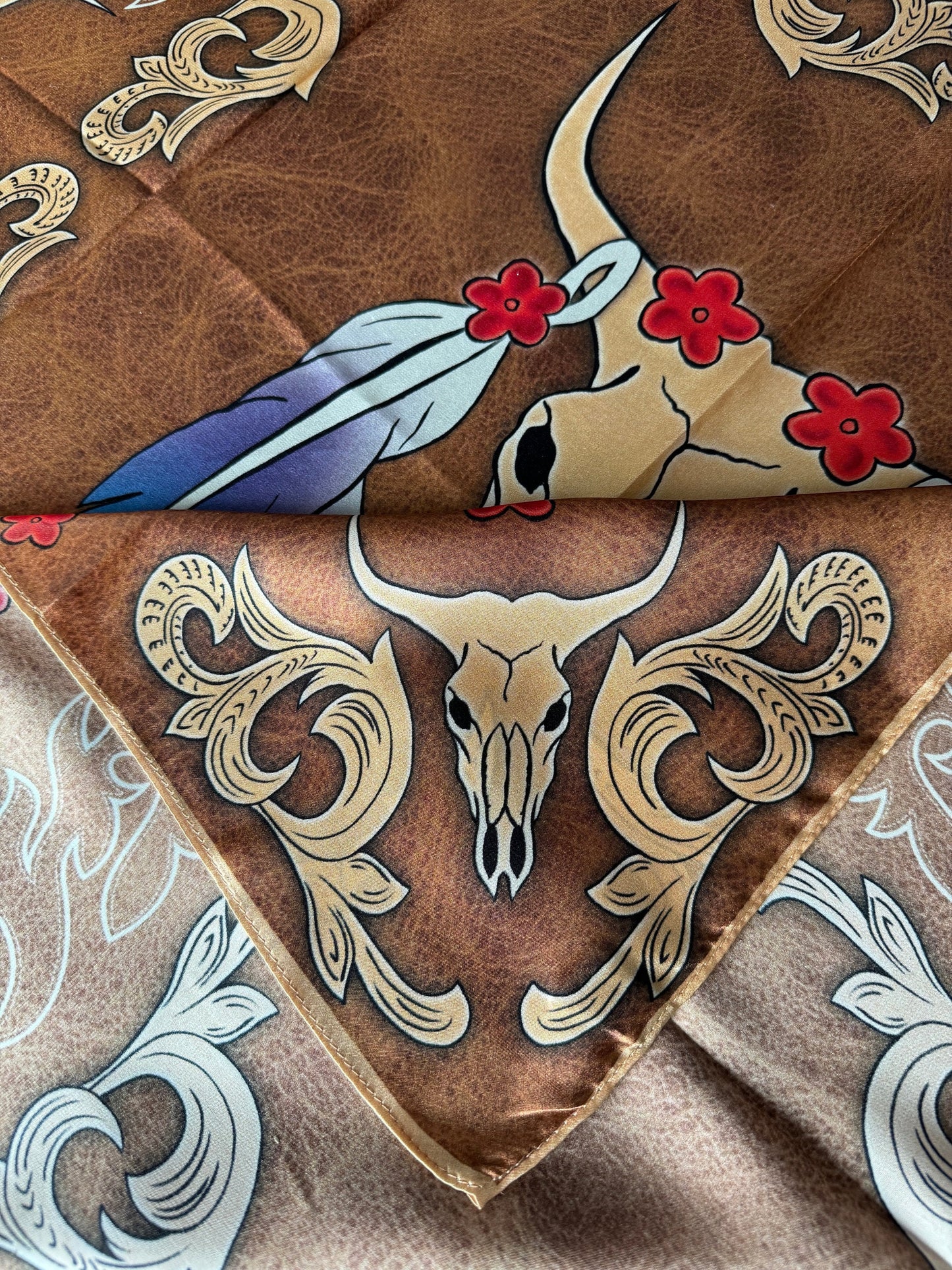100% Silk Wild Rag Brown Boot inspired western skulls, feathers, and flowers by Double B Wild Rags