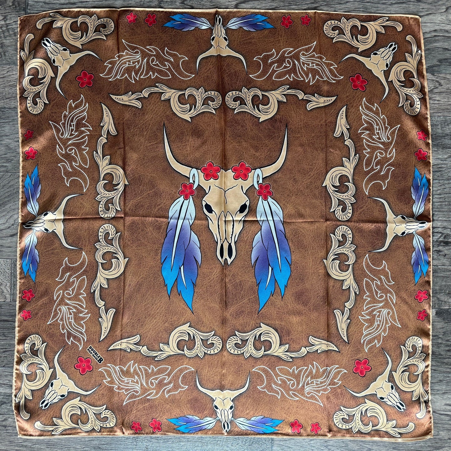 100% Silk Wild Rag Brown Boot inspired western skulls, feathers, and flowers by Double B Wild Rags
