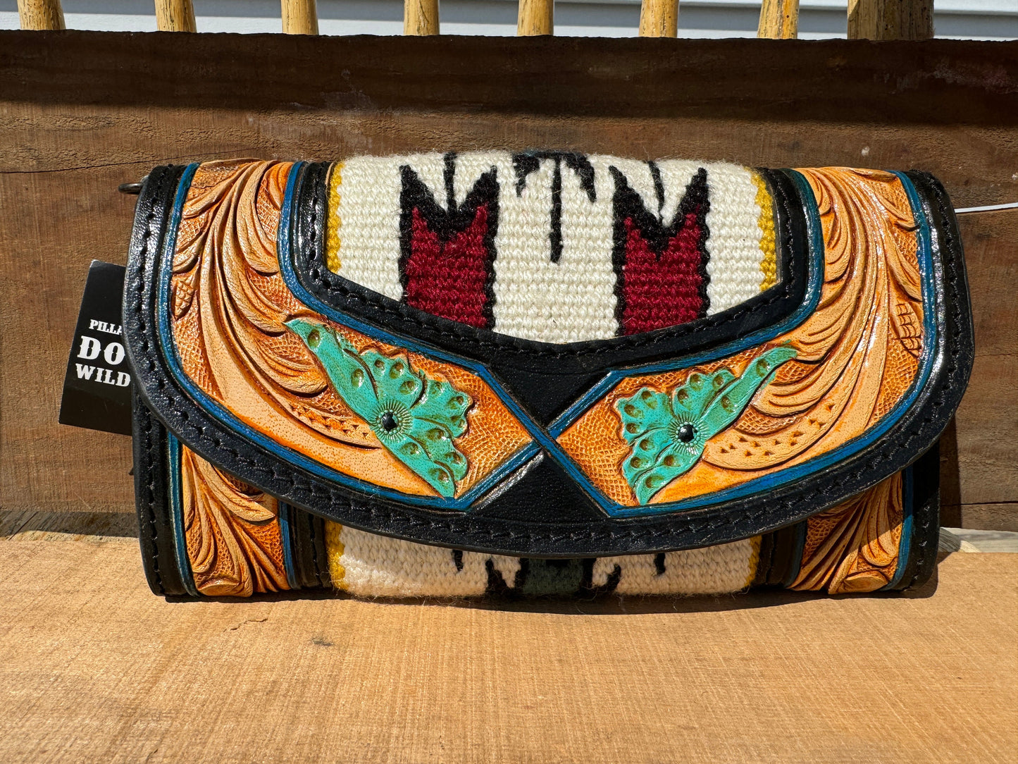 Western wallet with tooled floral leather and woven saddle blanket details by Double B Wild Rags