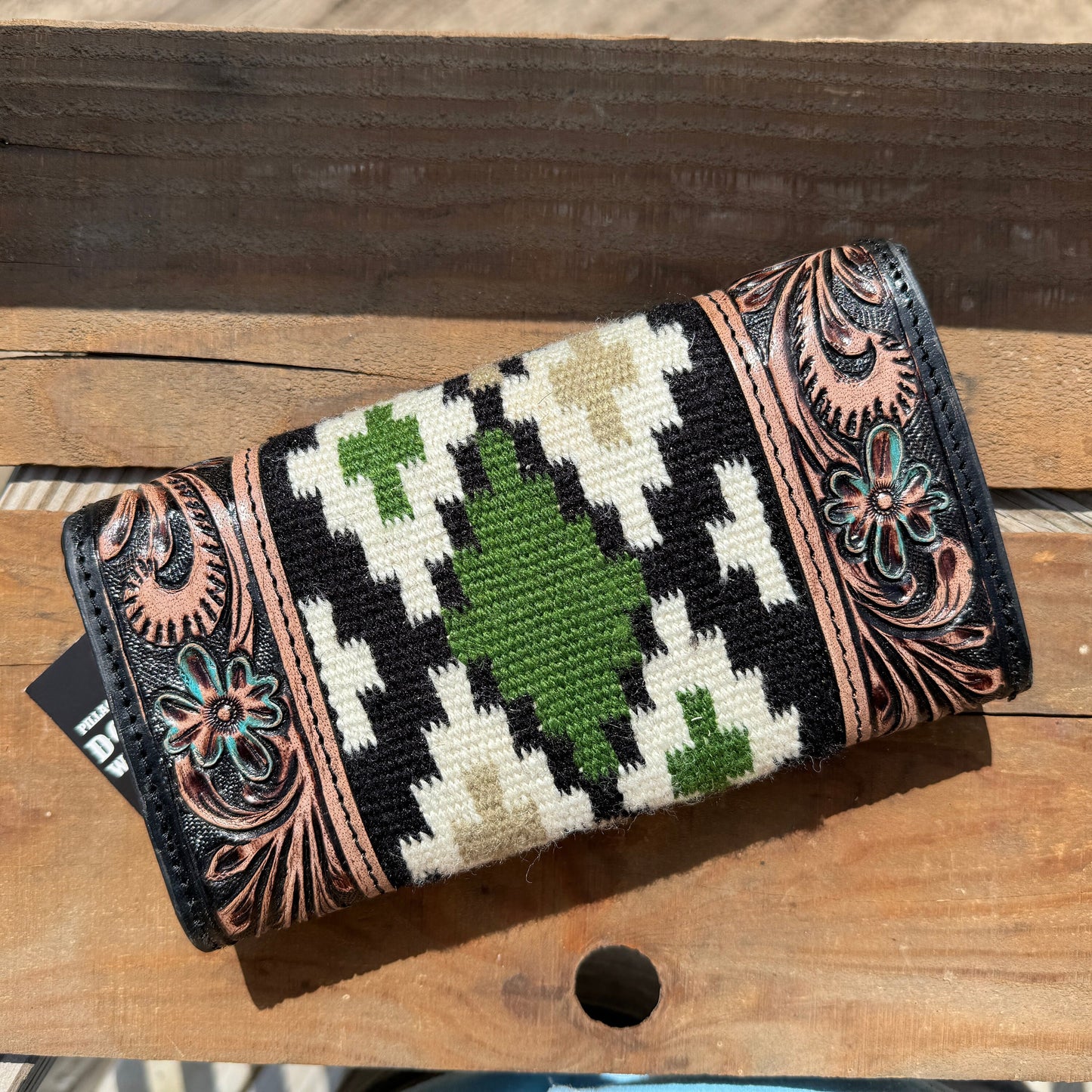 Western wallet with tooled floral leather and woven saddle blanket details by Double B Wild Rags
