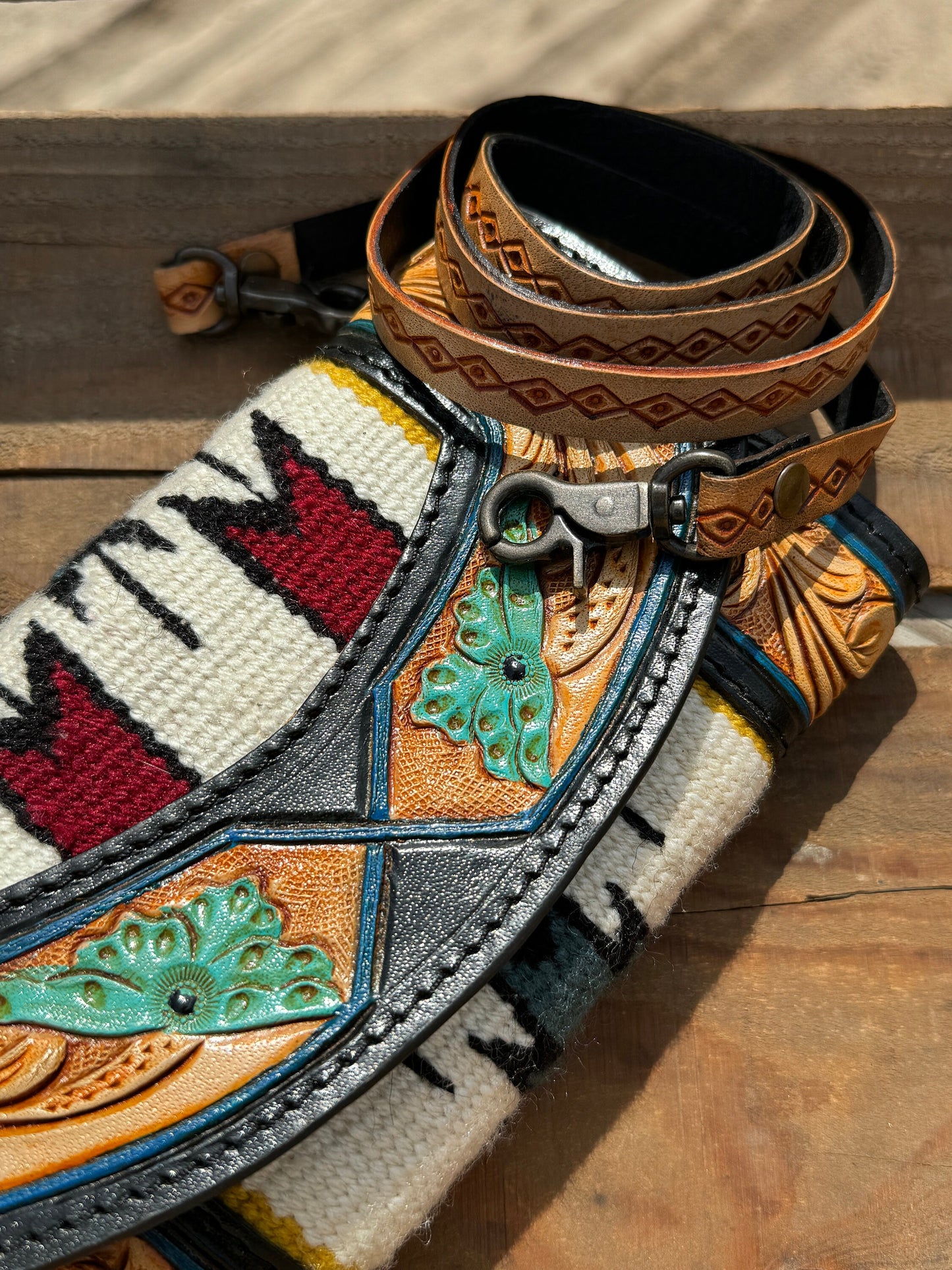 Western wallet with tooled floral leather and woven saddle blanket details by Double B Wild Rags