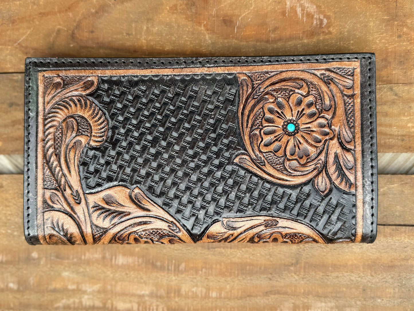 Western long wallet snap closure tooled floral leather details in black by Double B Wild Rags