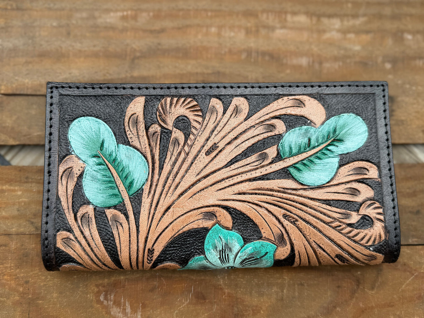Western long wallet snap closure tooled floral leather details in black by Double B Wild Rags