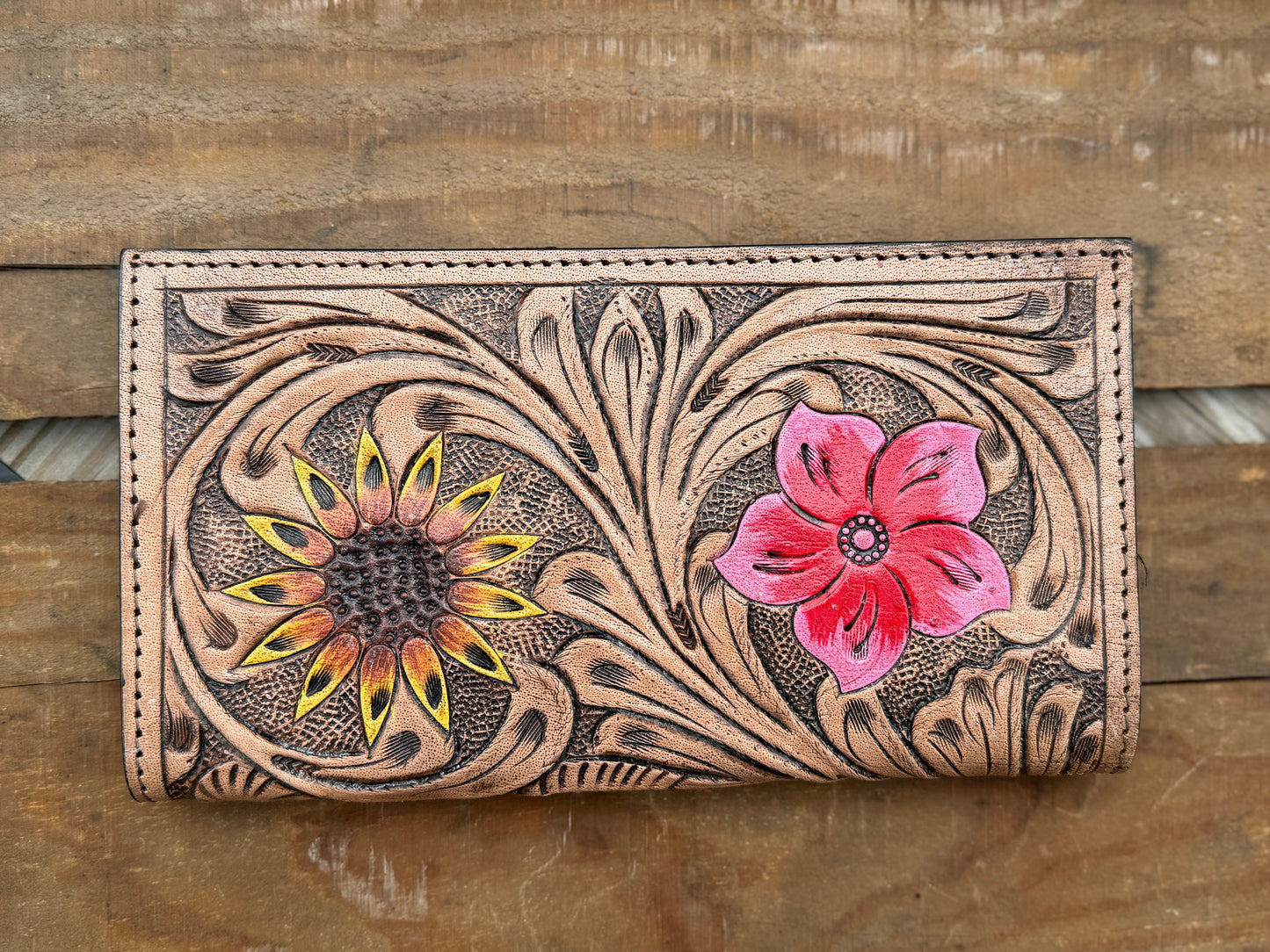 Western long wallet snap closure tooled floral leather details in black by Double B Wild Rags