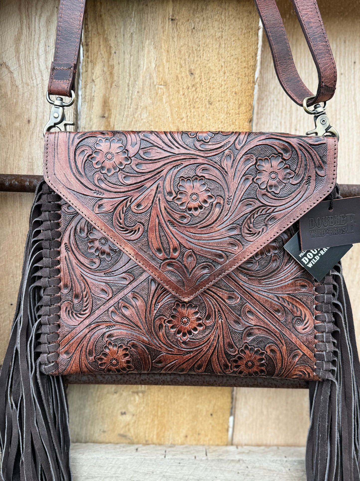 Genuine Western Cowgirl Leather Purse with Tooled floral or feather details by Double B Wild Rags