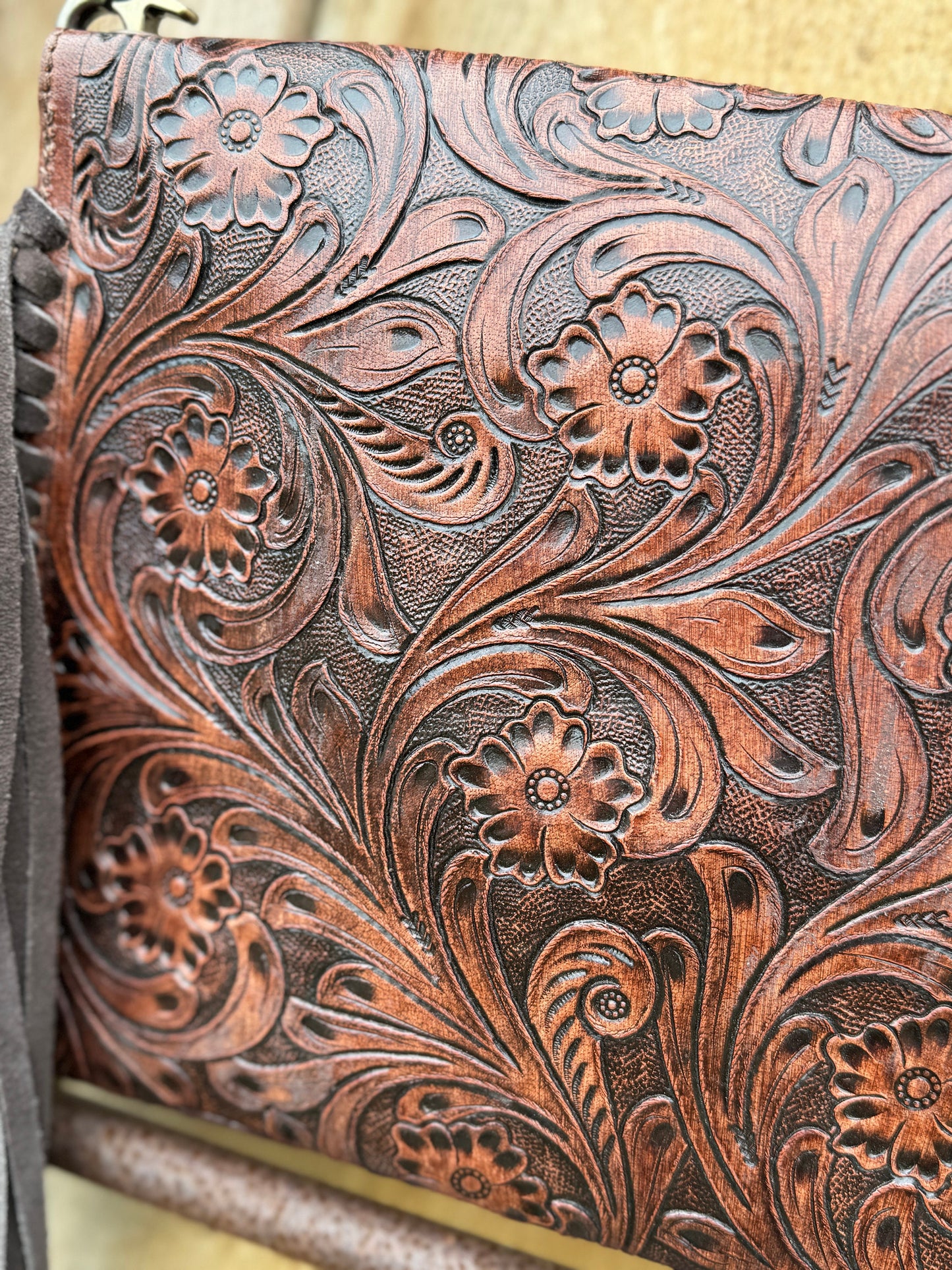 Genuine Western Cowgirl Leather Purse with Tooled floral or feather details by Double B Wild Rags