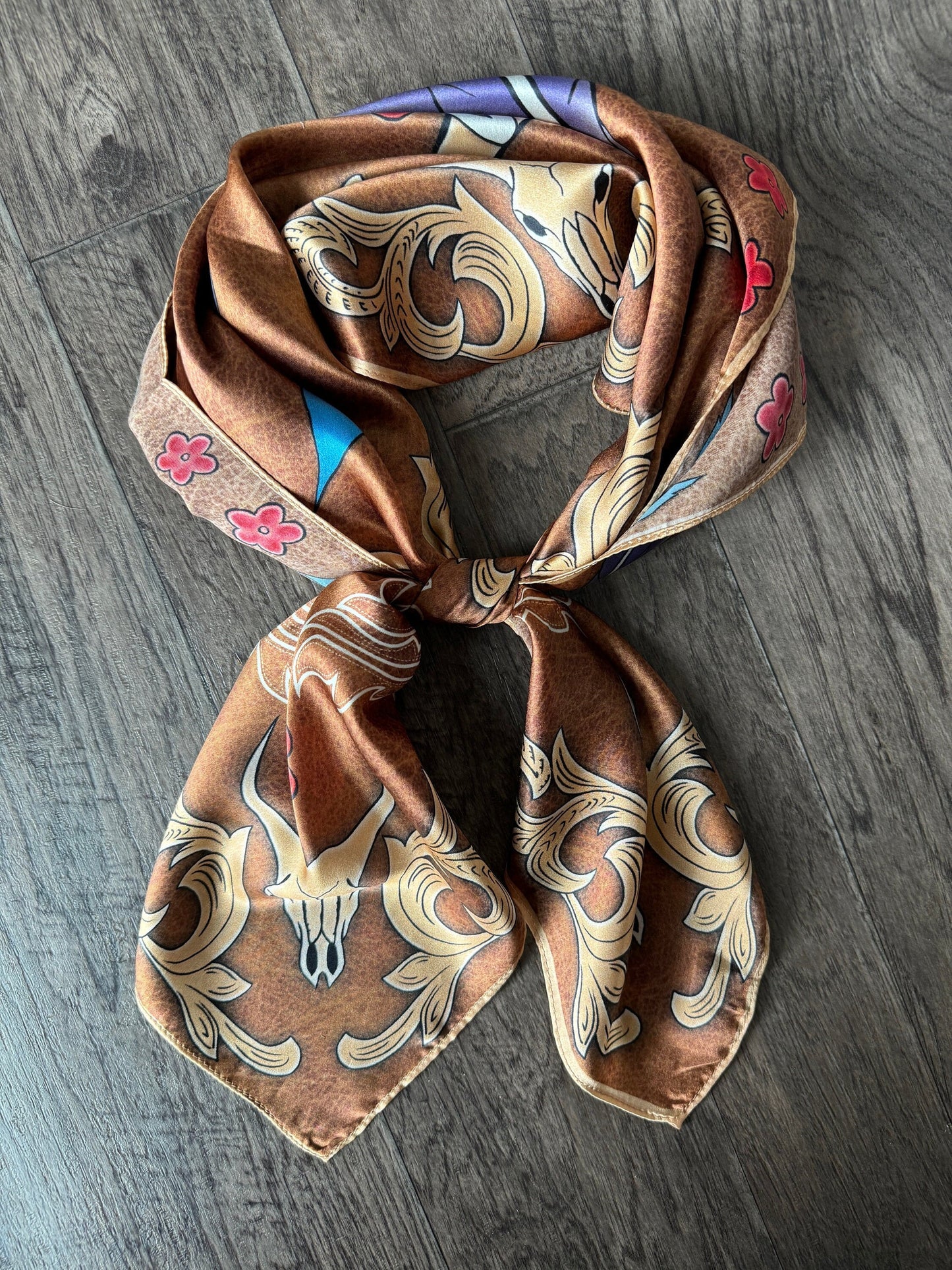 100% Silk Wild Rag Brown Boot inspired western skulls, feathers, and flowers by Double B Wild Rags