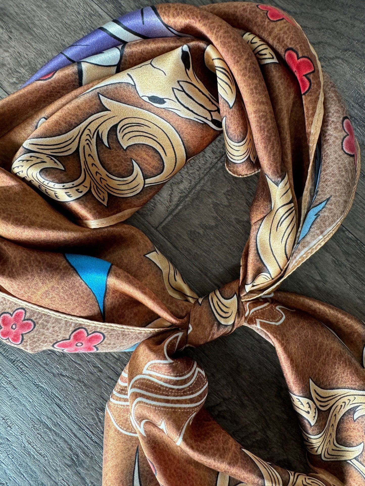 100% Silk Wild Rag Brown Boot inspired western skulls, feathers, and flowers by Double B Wild Rags