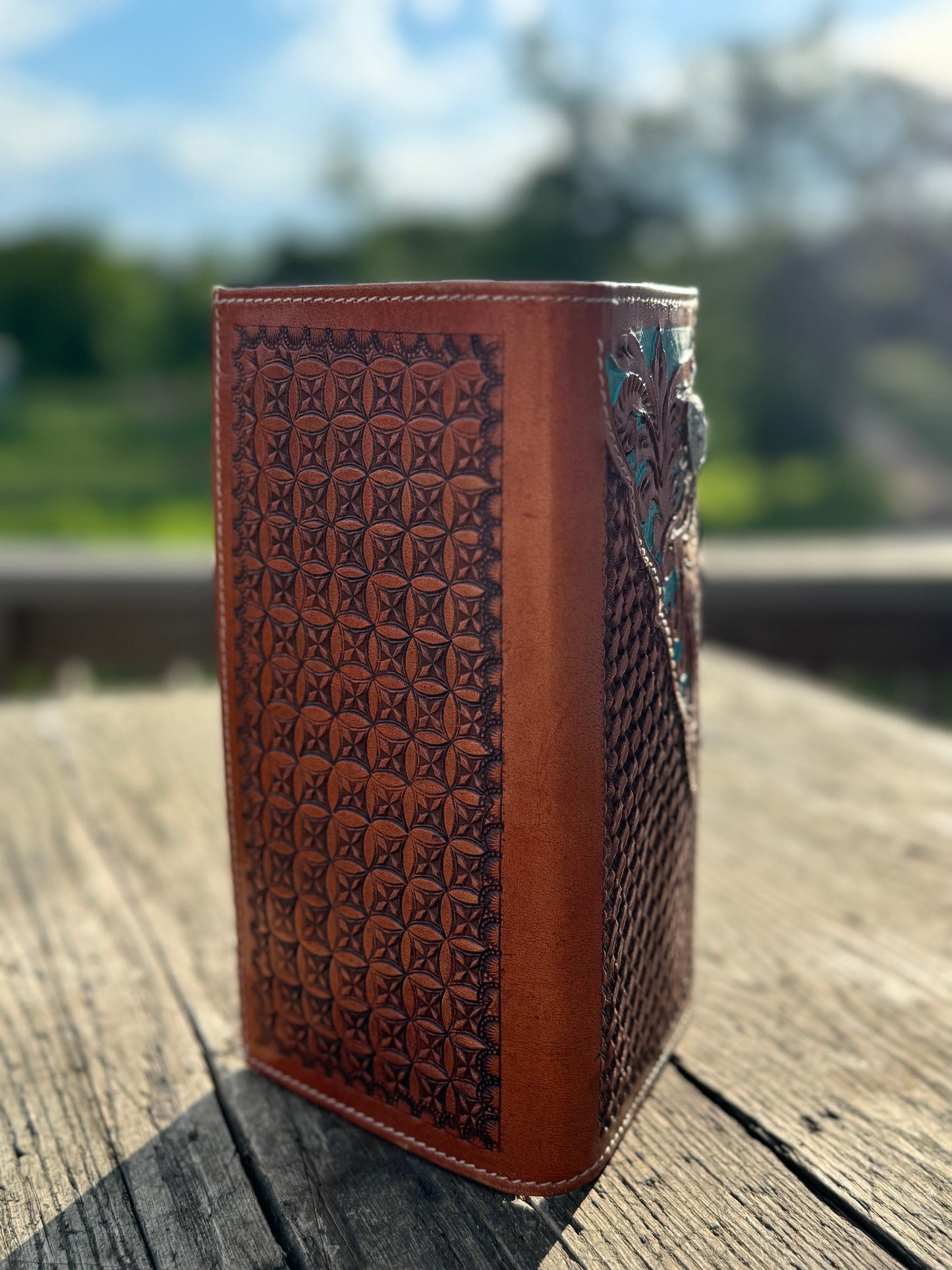 Western Cowboy Checkbook wallet tooled leather with painted turquoise by Double B Wild Rags
