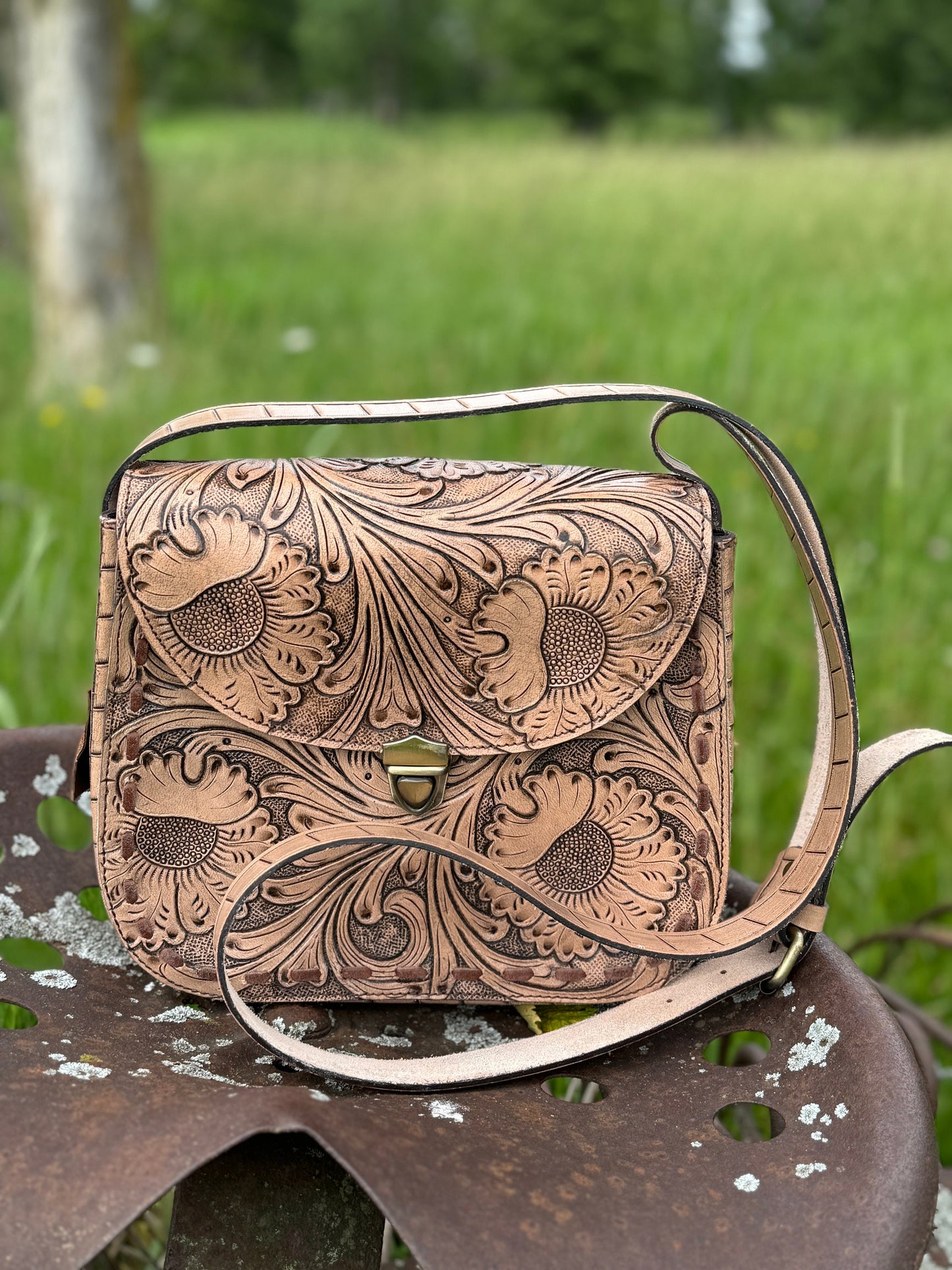 Genuine Western Leather Satchel Purse with Tooled floral details by Double B Wild Rags
