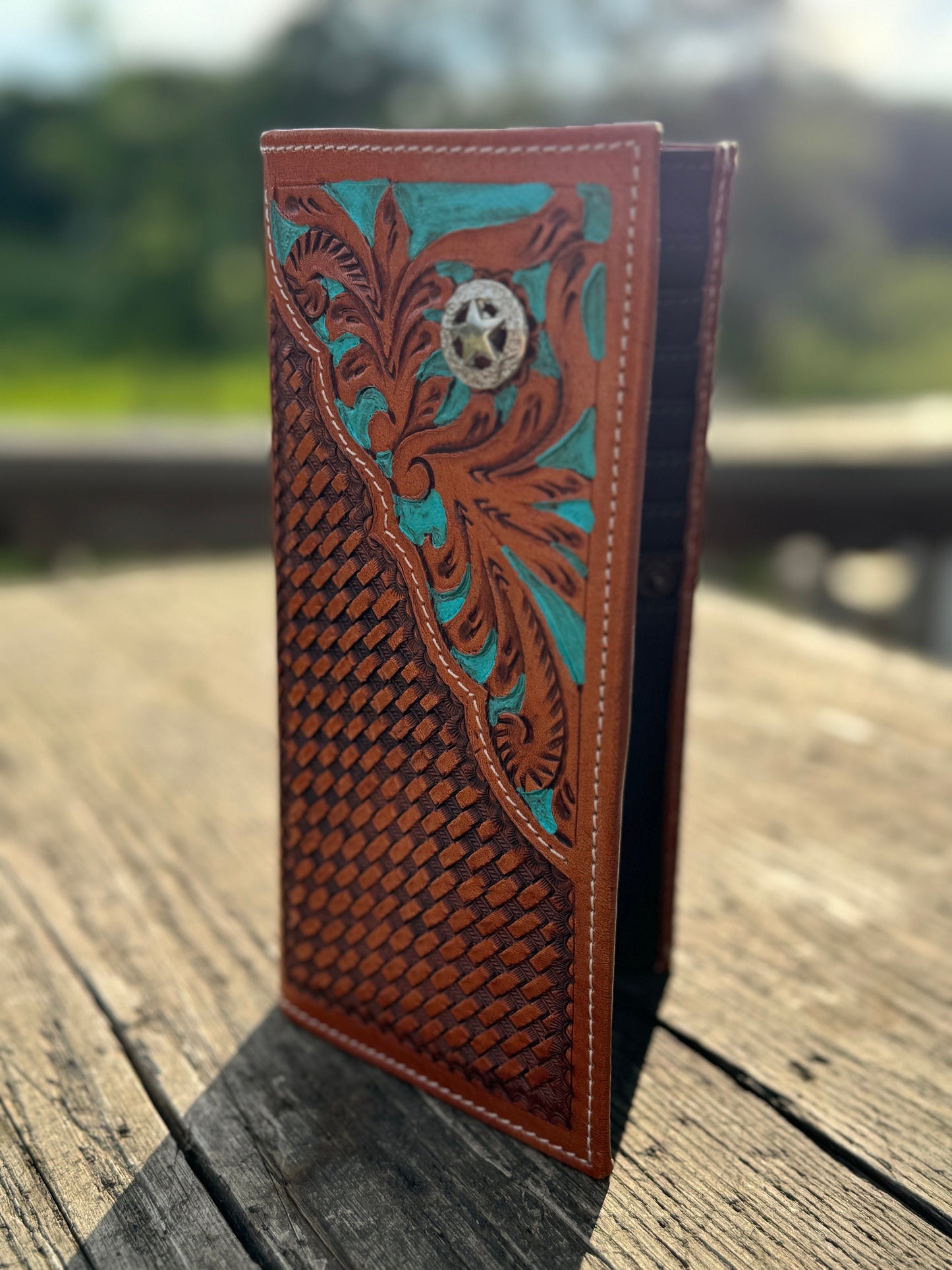 Western Cowboy Checkbook wallet tooled leather with painted turquoise by Double B Wild Rags
