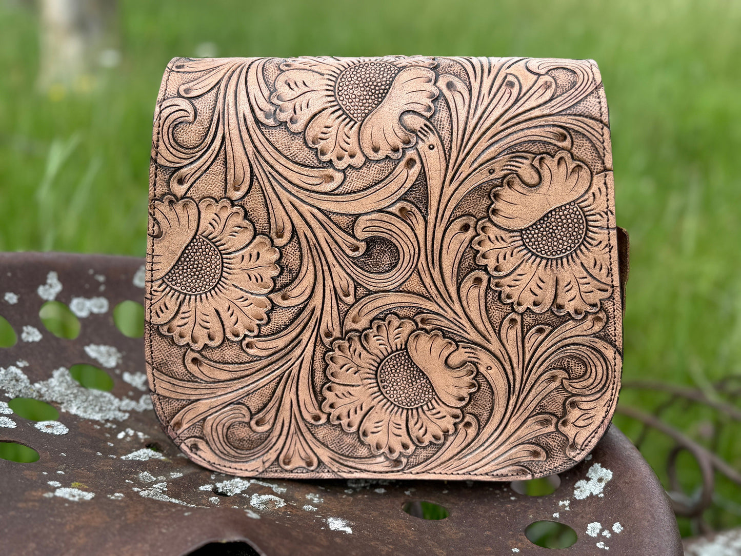 Genuine Western Leather Satchel Purse with Tooled floral details by Double B Wild Rags