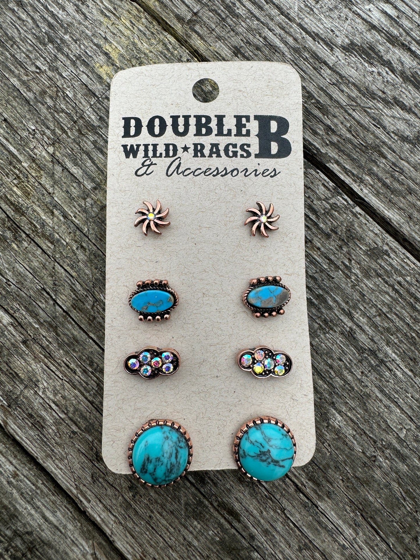 Western faux turquoise and copper stud post earring set of four pairs by Double B Wild Rags