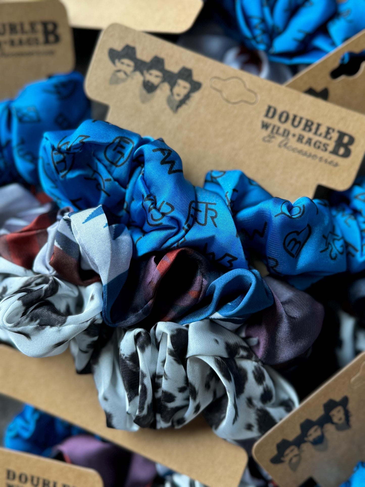 SCRUNCHIE Western Cowgirl Satin Hair Tie set of three by Double B Wild Rags Cattle Brands Aztec Cowhide