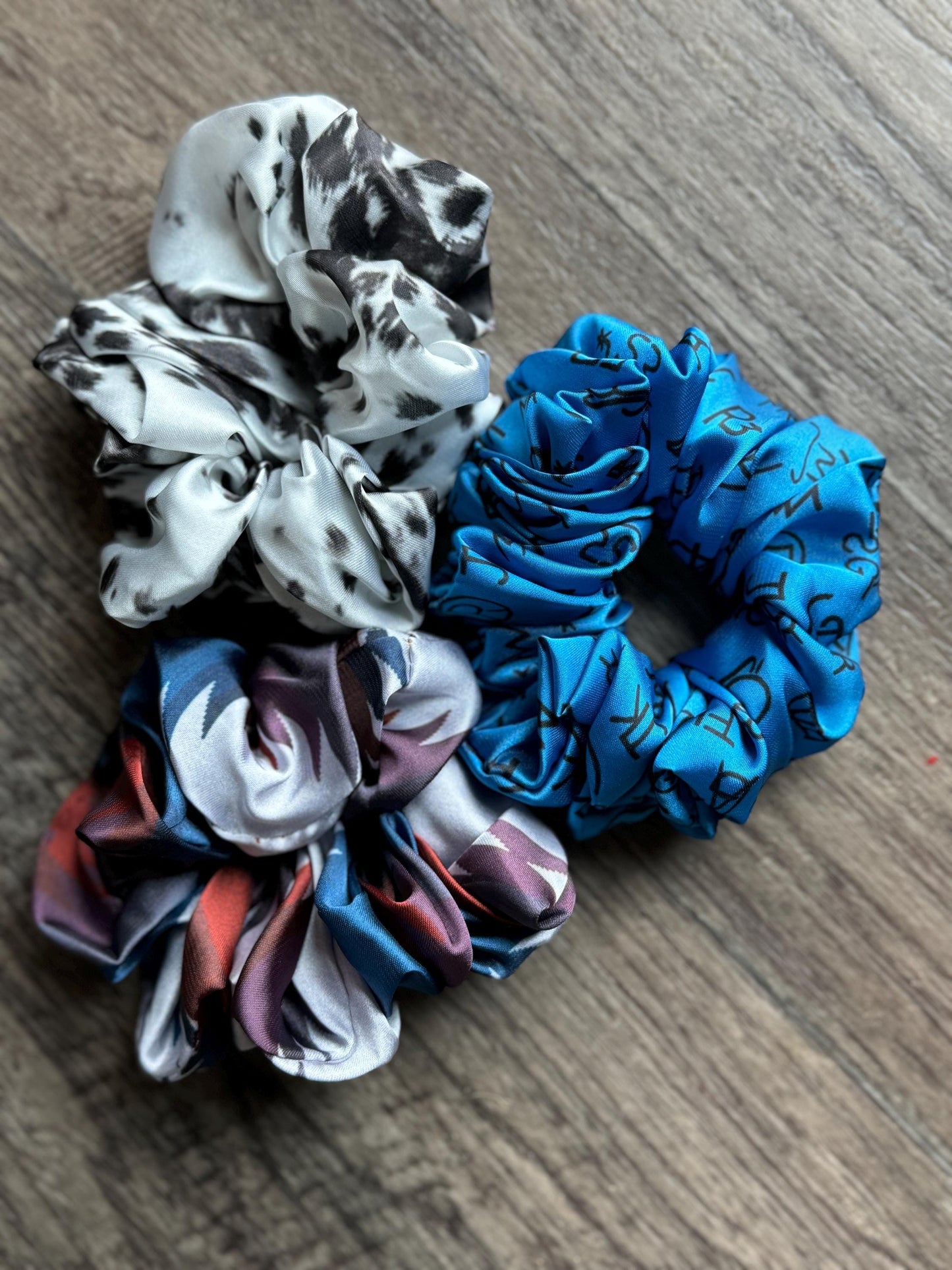 SCRUNCHIE Western Cowgirl Satin Hair Tie set of three by Double B Wild Rags Cattle Brands Aztec Cowhide