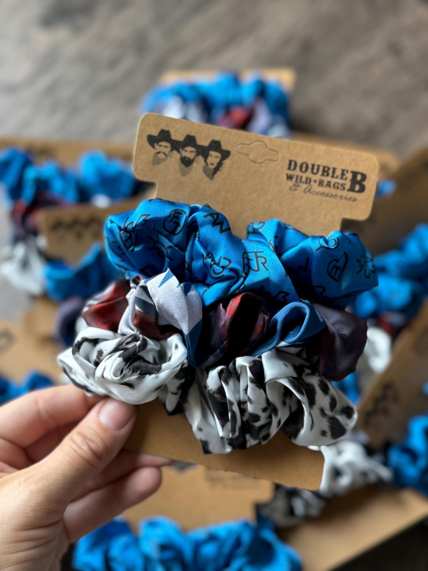 SCRUNCHIE Western Cowgirl Satin Hair Tie set of three by Double B Wild Rags Cattle Brands Aztec Cowhide