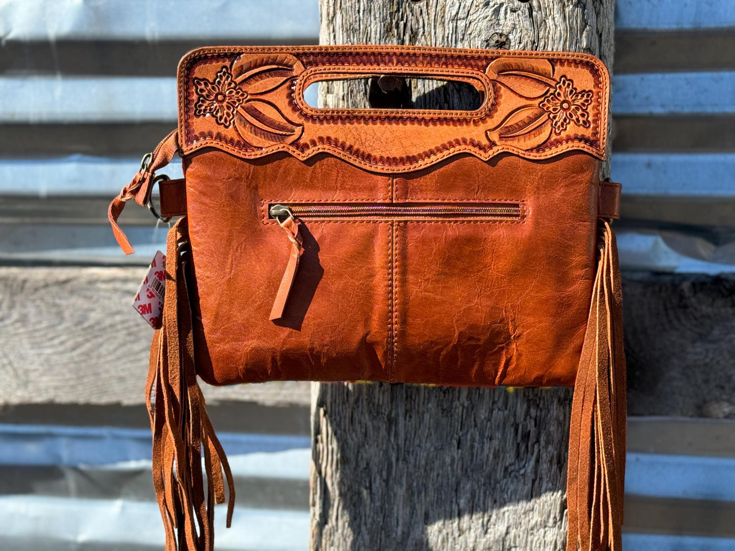 Western Genuine Leather Saddle Blanket Handle Purse with Tooled floral details by Double B Wild Rags