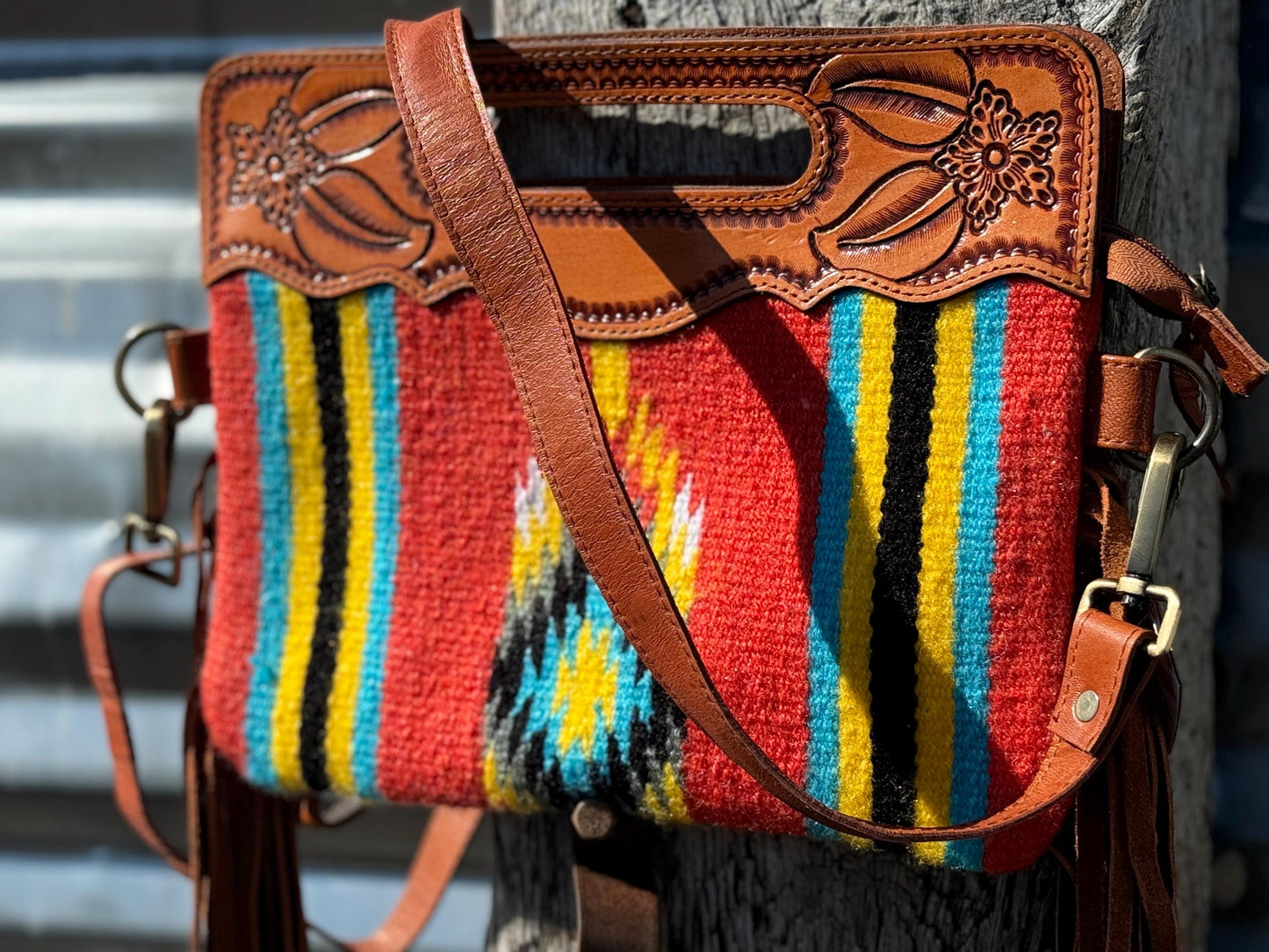 Western Genuine Leather Saddle Blanket Handle Purse with Tooled floral details by Double B Wild Rags