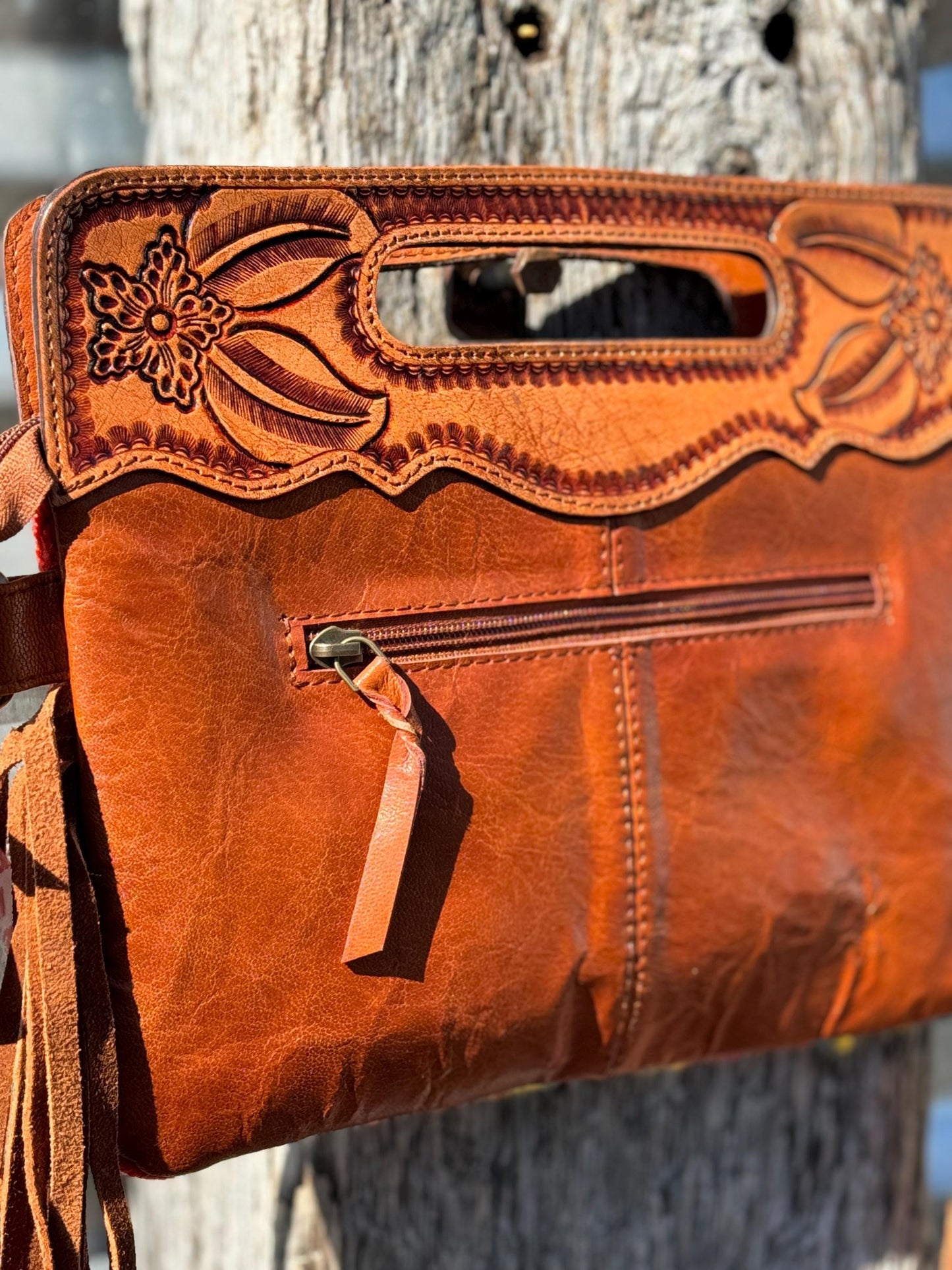 Western Genuine Leather Saddle Blanket Handle Purse with Tooled floral details by Double B Wild Rags