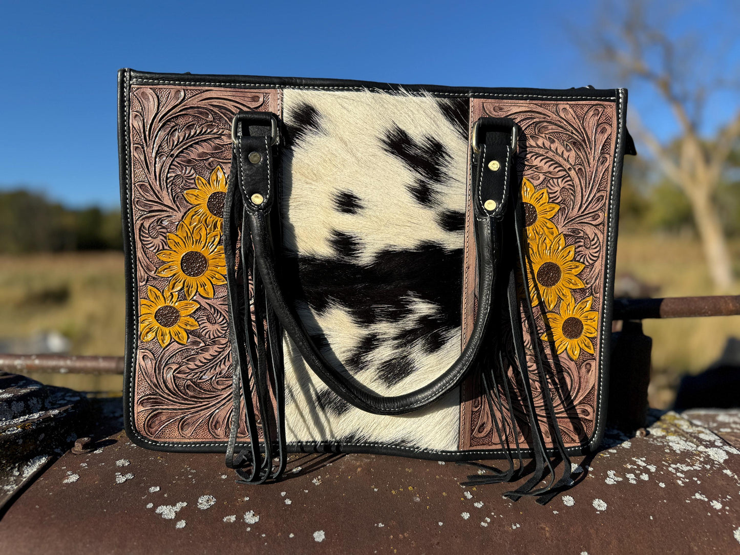 Genuine Western Leather Black laptop messenger briefcase with tooled sunflowers and cowhide leather by Double B Wild Rags CONCEAL and CARRY