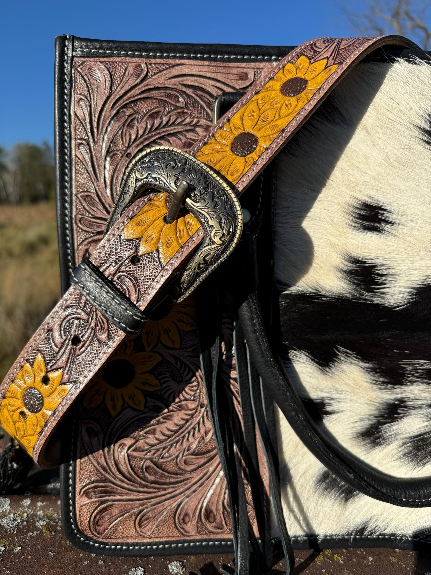Genuine Western Leather Black laptop messenger briefcase with tooled sunflowers and cowhide leather by Double B Wild Rags CONCEAL and CARRY
