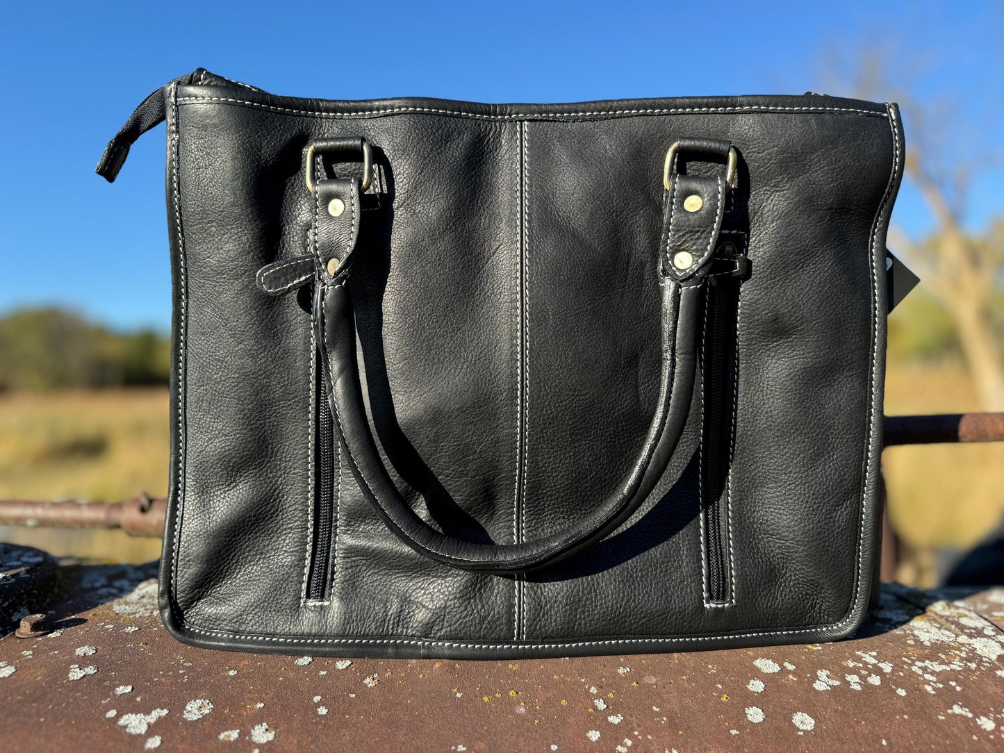 Genuine Western Leather Black laptop messenger briefcase with tooled sunflowers and cowhide leather by Double B Wild Rags CONCEAL and CARRY