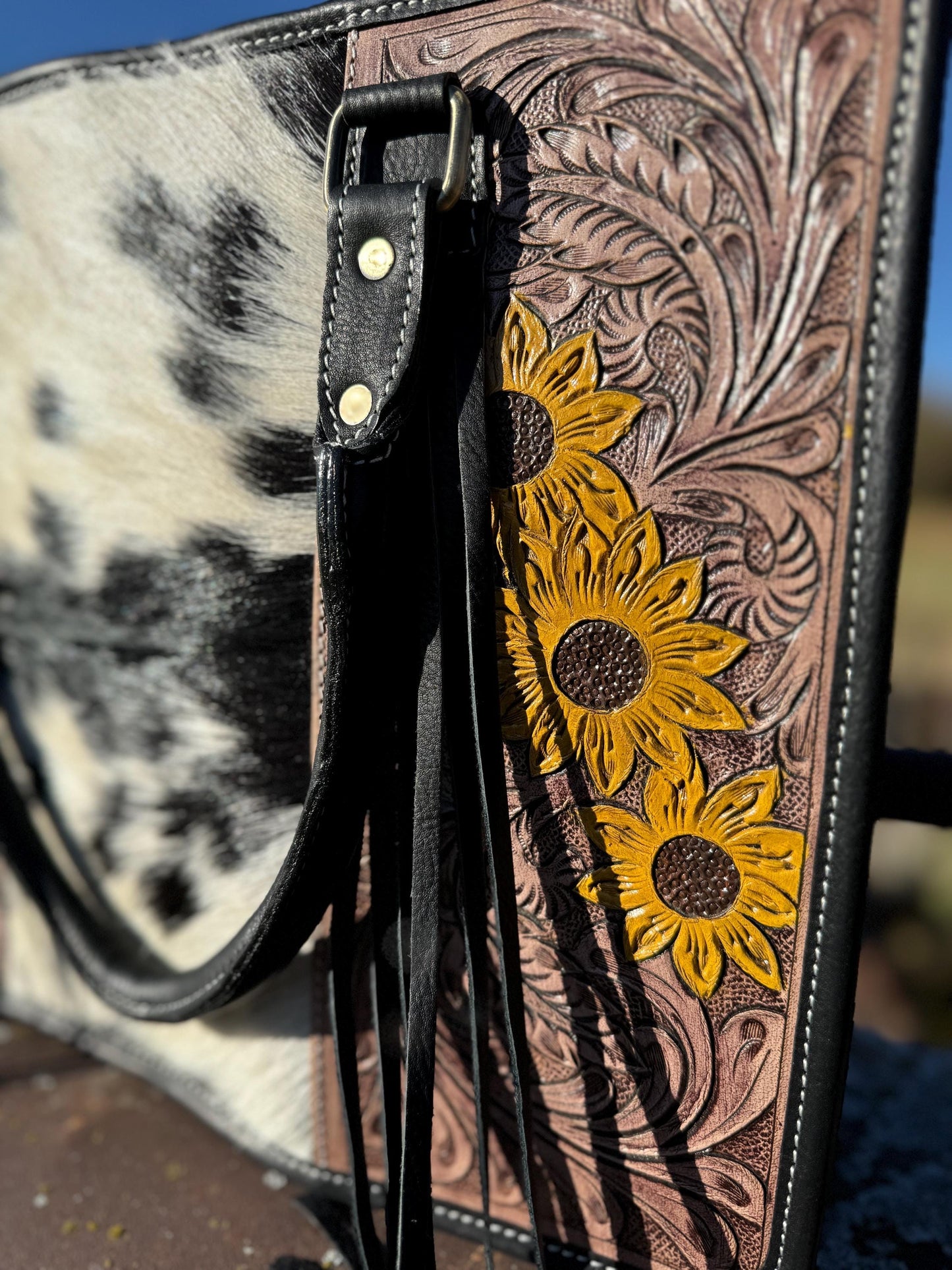 Genuine Western Leather Black laptop messenger briefcase with tooled sunflowers and cowhide leather by Double B Wild Rags CONCEAL and CARRY