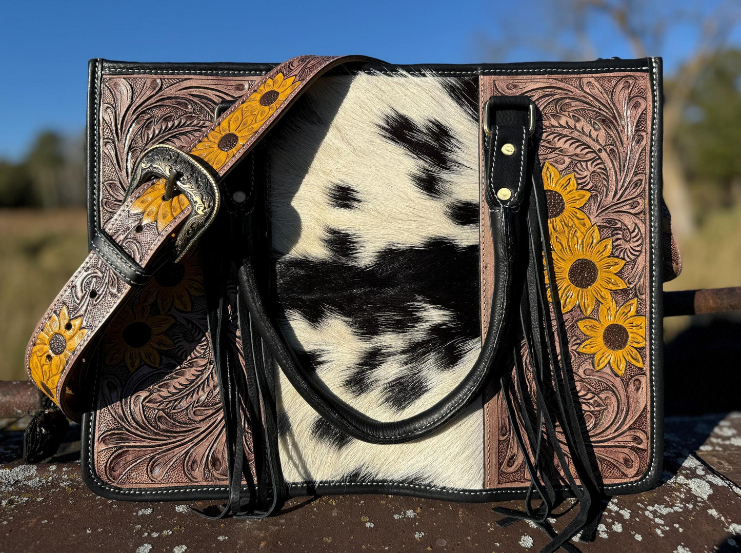 Genuine Western Leather Black laptop messenger briefcase with tooled sunflowers and cowhide leather by Double B Wild Rags CONCEAL and CARRY