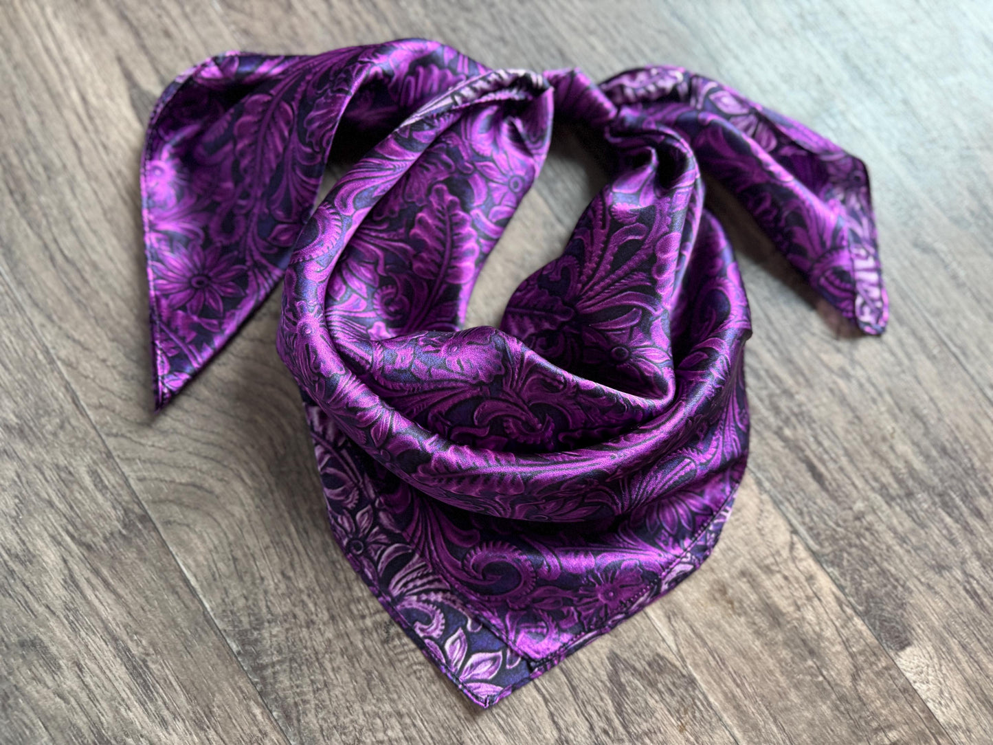 100% Silk Wild Rag Tooled Leather Floral Deep Purple by Double B Wild Rags