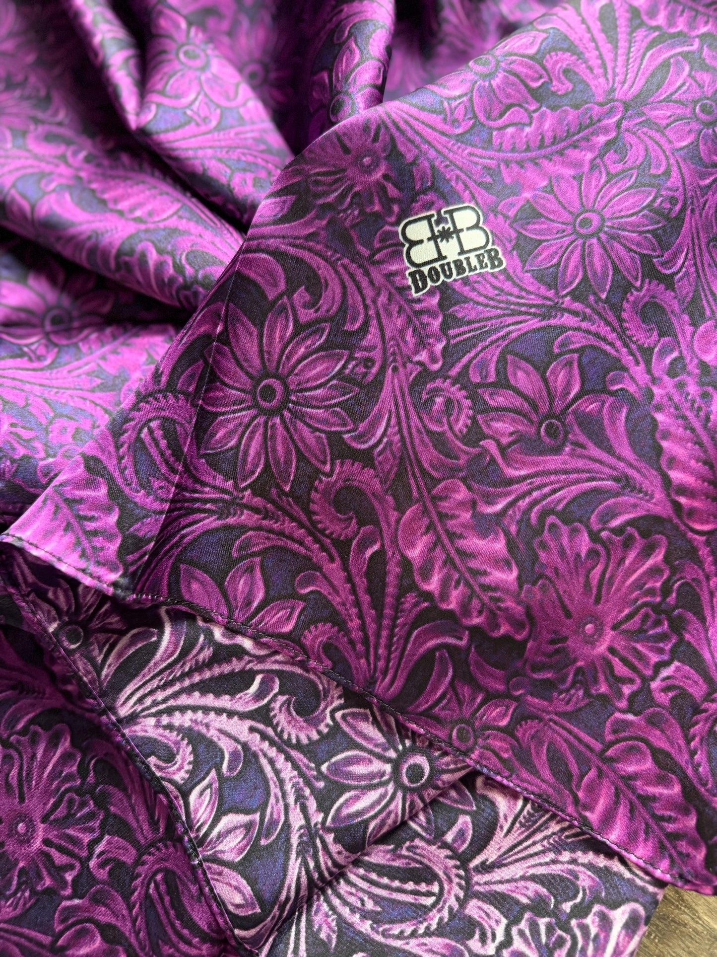 100% Silk Wild Rag Tooled Leather Floral Deep Purple by Double B Wild Rags