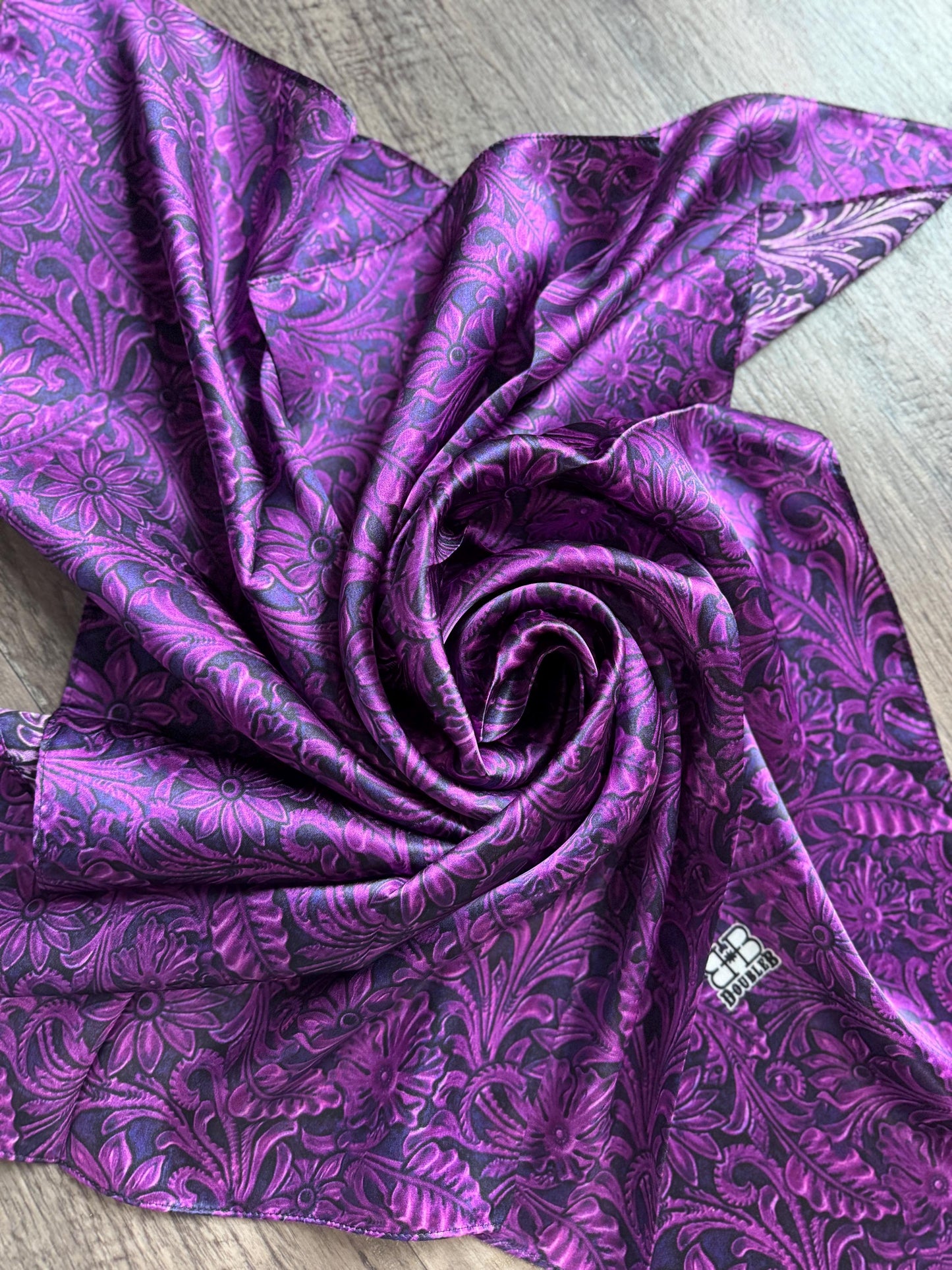 100% Silk Wild Rag Tooled Leather Floral Deep Purple by Double B Wild Rags