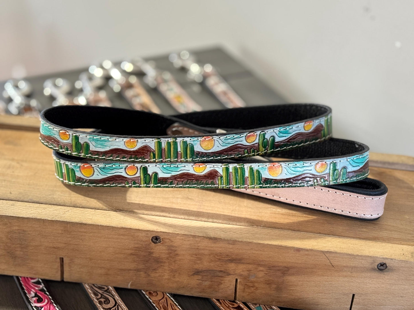 Western genuine leather dog pet leash 5ft tooled leather by Double B Wild Rags