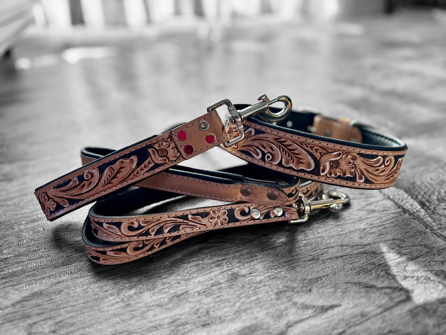 Western tooled leather dog collar or leash with floral details by Double B Wild Rags
