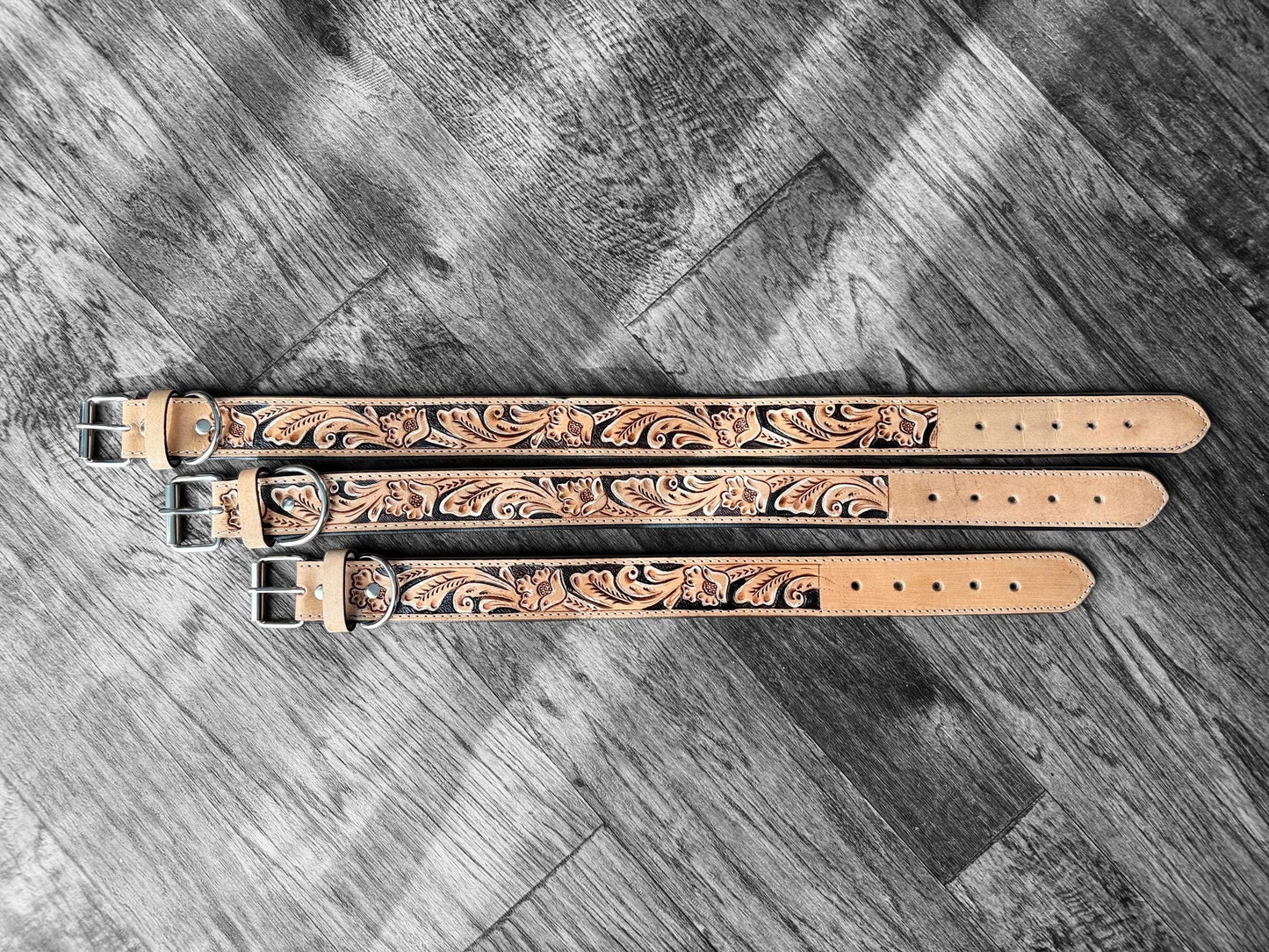 Western tooled leather dog collar or leash with floral details by Double B Wild Rags
