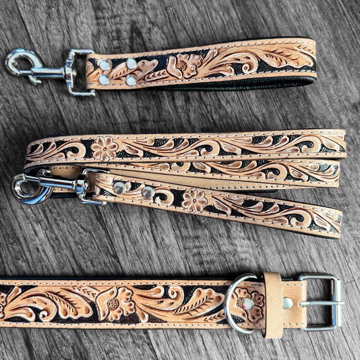 Western tooled leather dog collar or leash with floral details by Double B Wild Rags