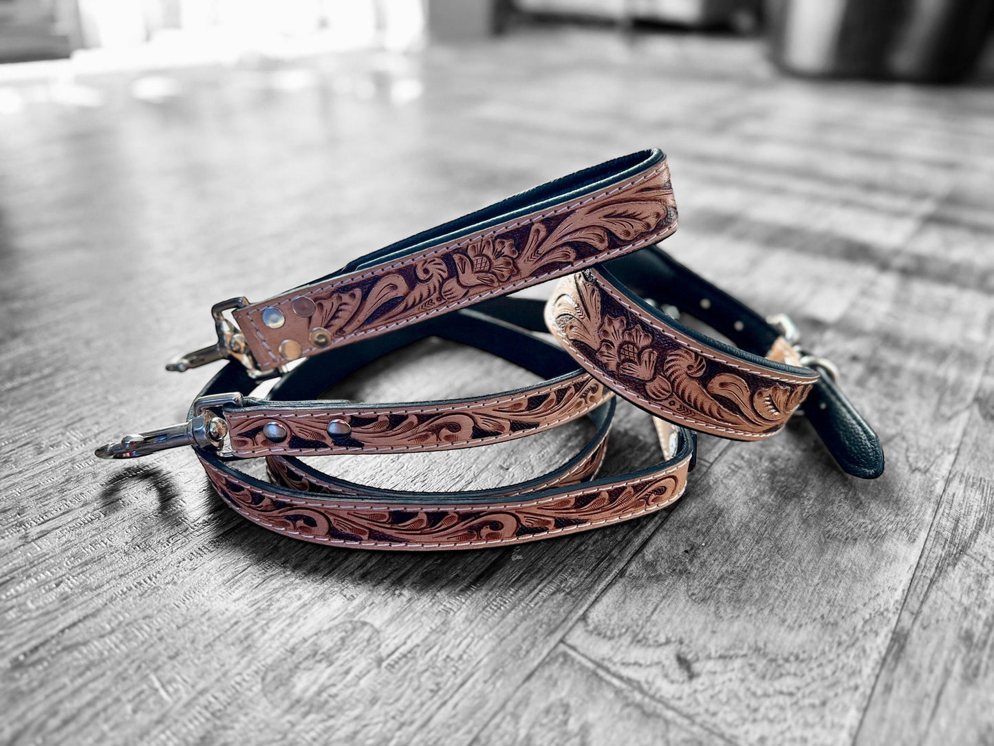 Western traditional tooled leather dog collar and leash set with floral details by Double B Wild Rags