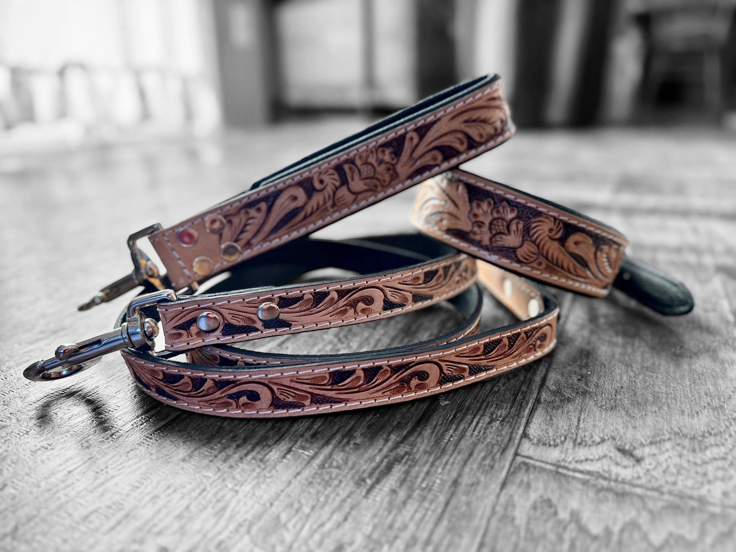 Western traditional tooled leather dog collar and leash set with floral details by Double B Wild Rags