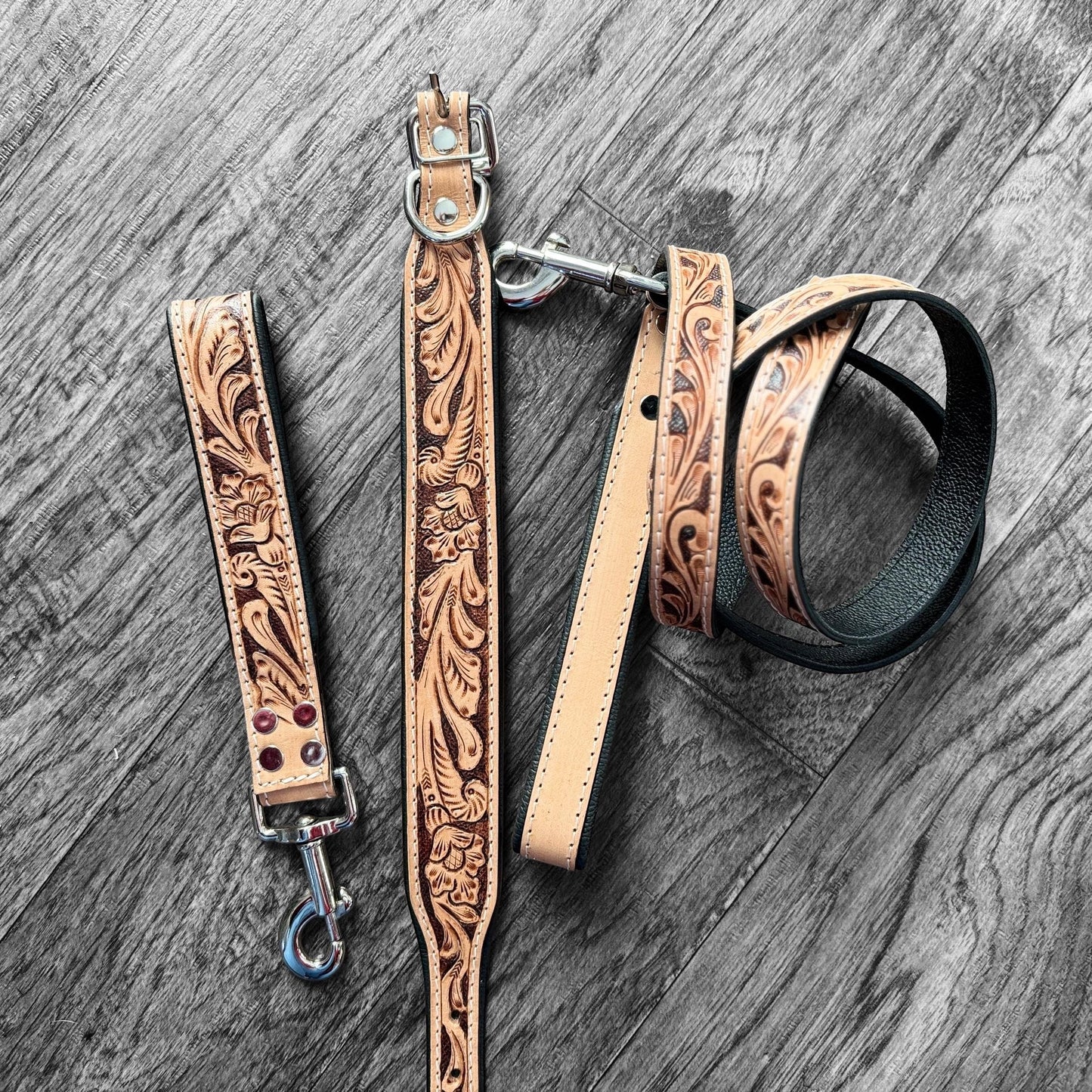 Western traditional tooled leather dog collar and leash set with floral details by Double B Wild Rags