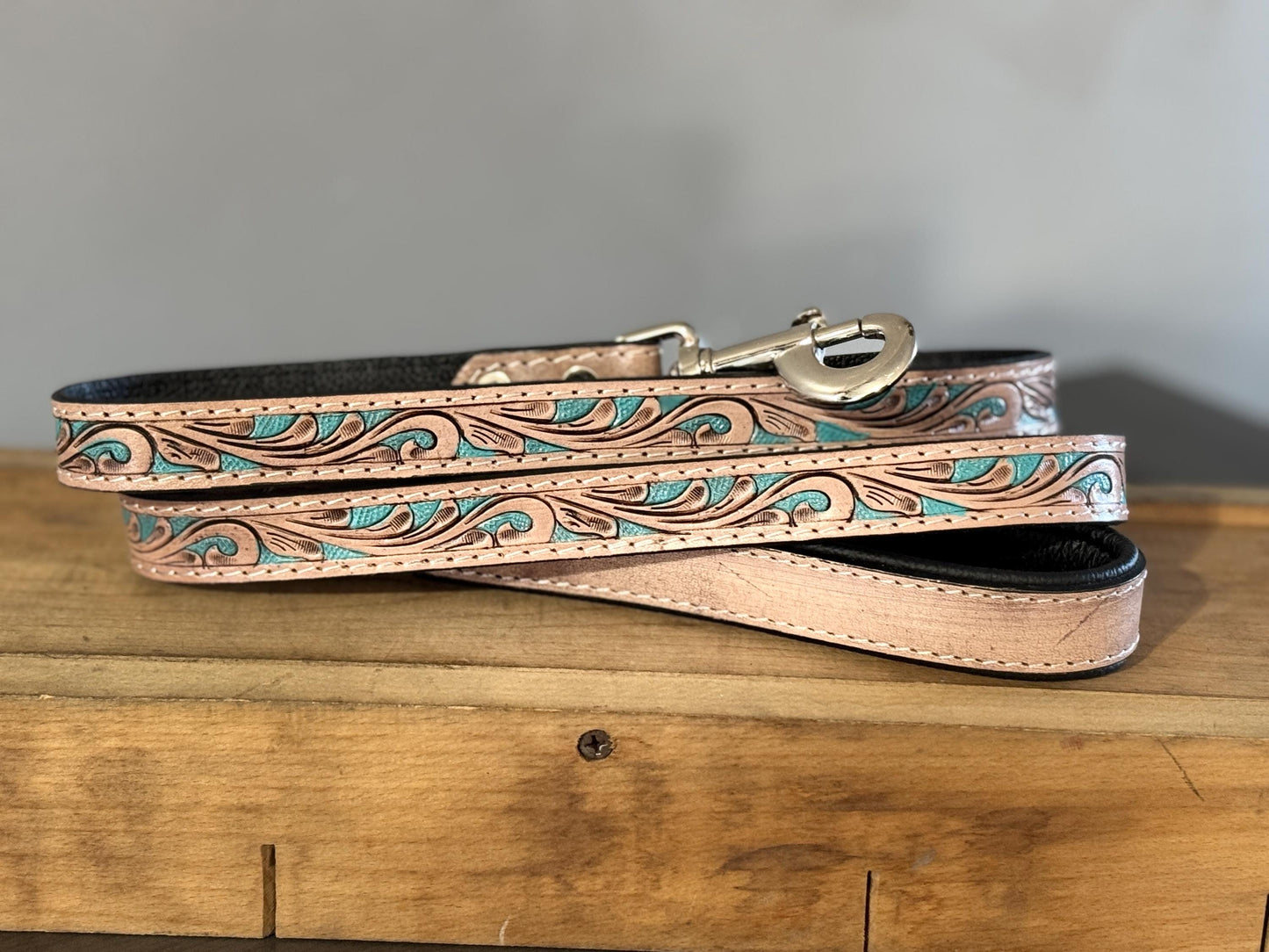 Western genuine leather dog pet leash 5ft tooled leather by Double B Wild Rags