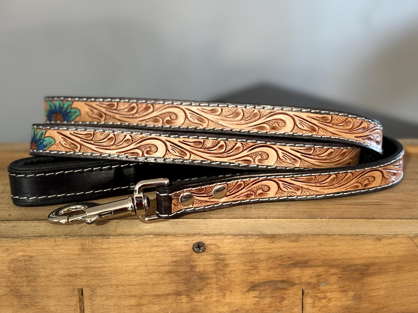Western genuine leather dog pet leash 5ft tooled leather by Double B Wild Rags