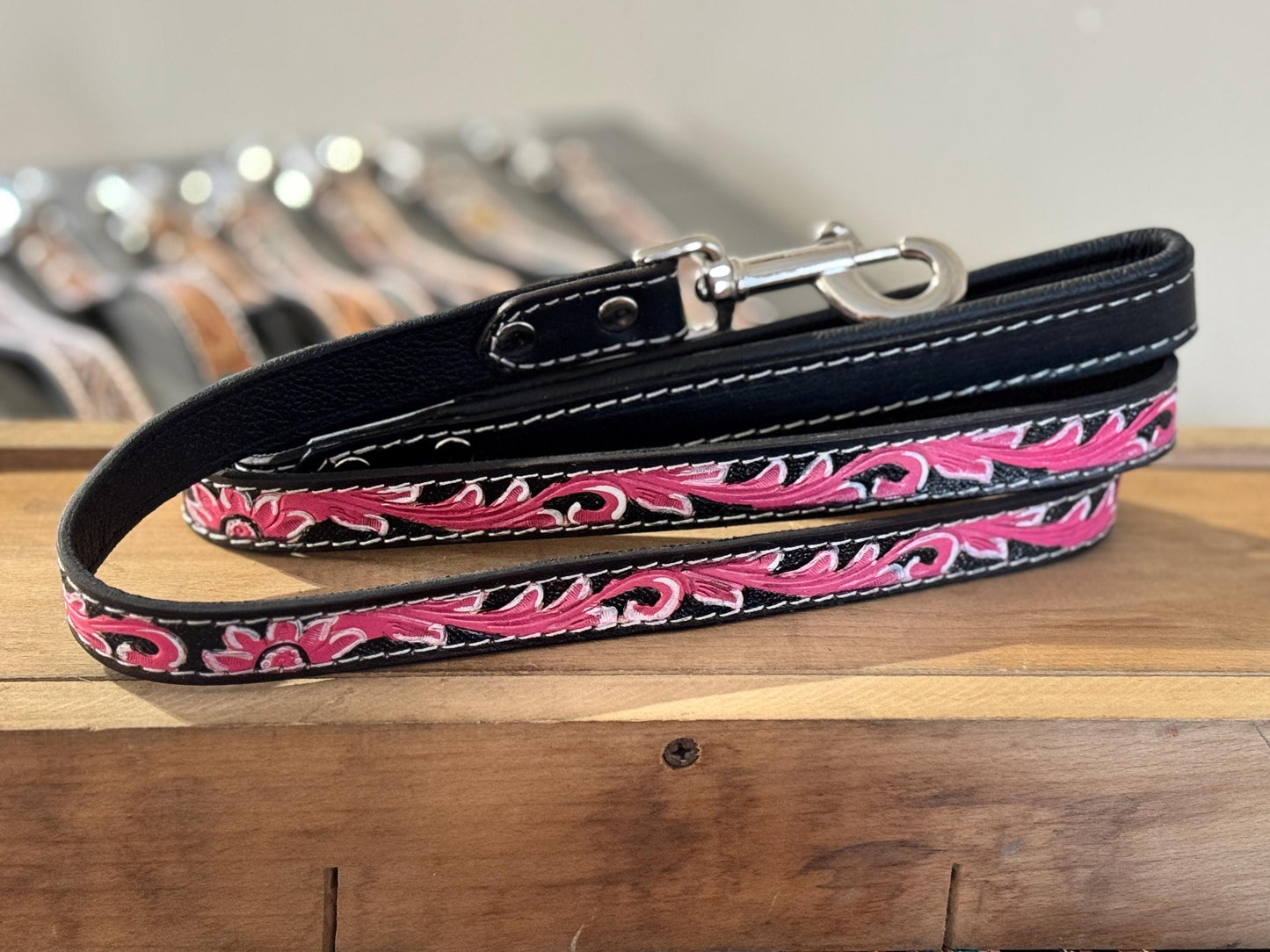 Western genuine leather dog pet leash 5ft tooled leather by Double B Wild Rags