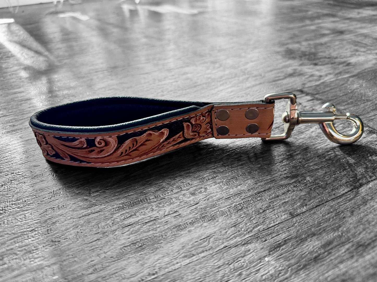 Western tooled leather dog collar or leash with floral details by Double B Wild Rags