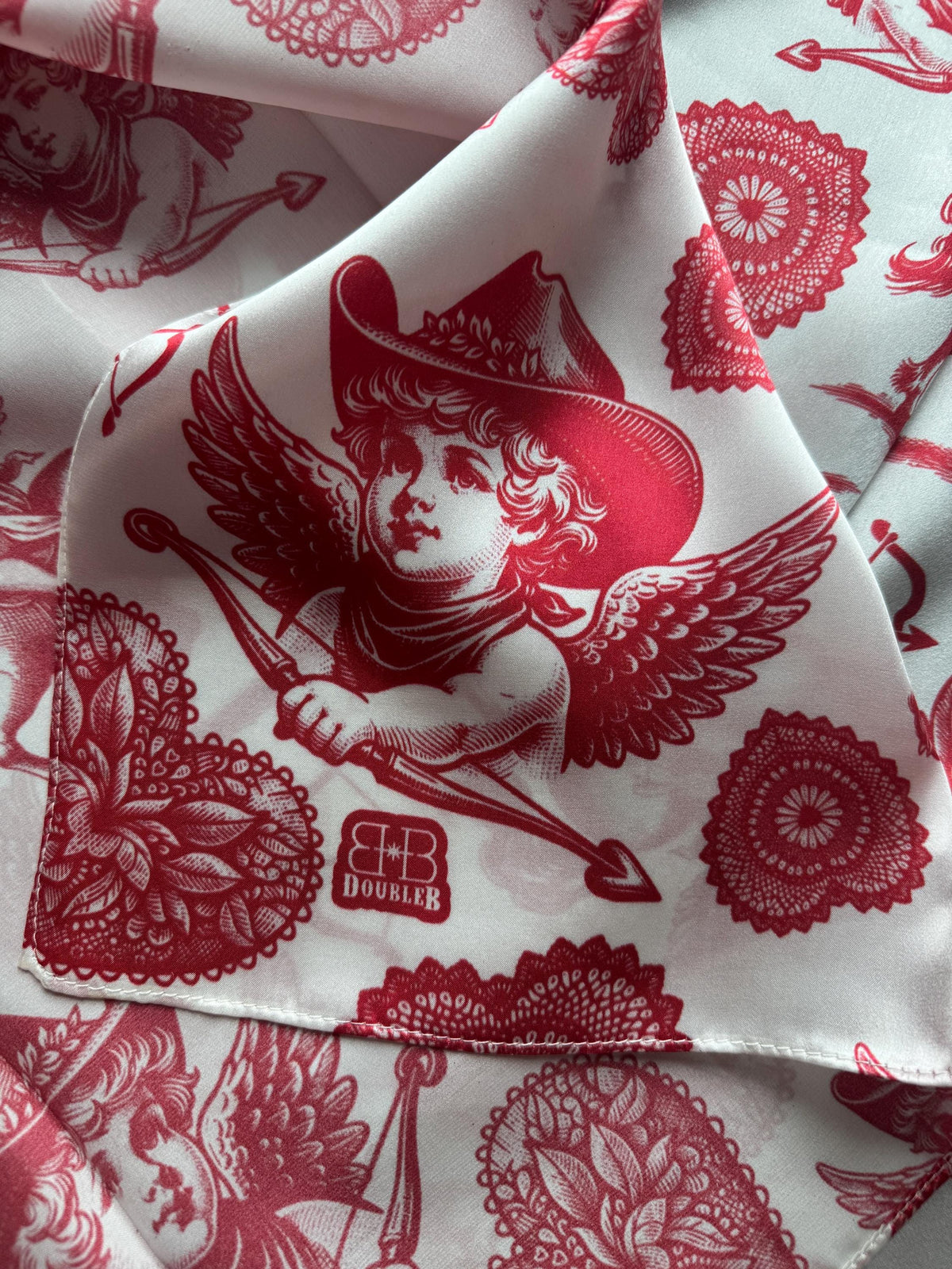 100% Silk Wild Rag Cowboy Cherubs and Hearts red and white Valentines