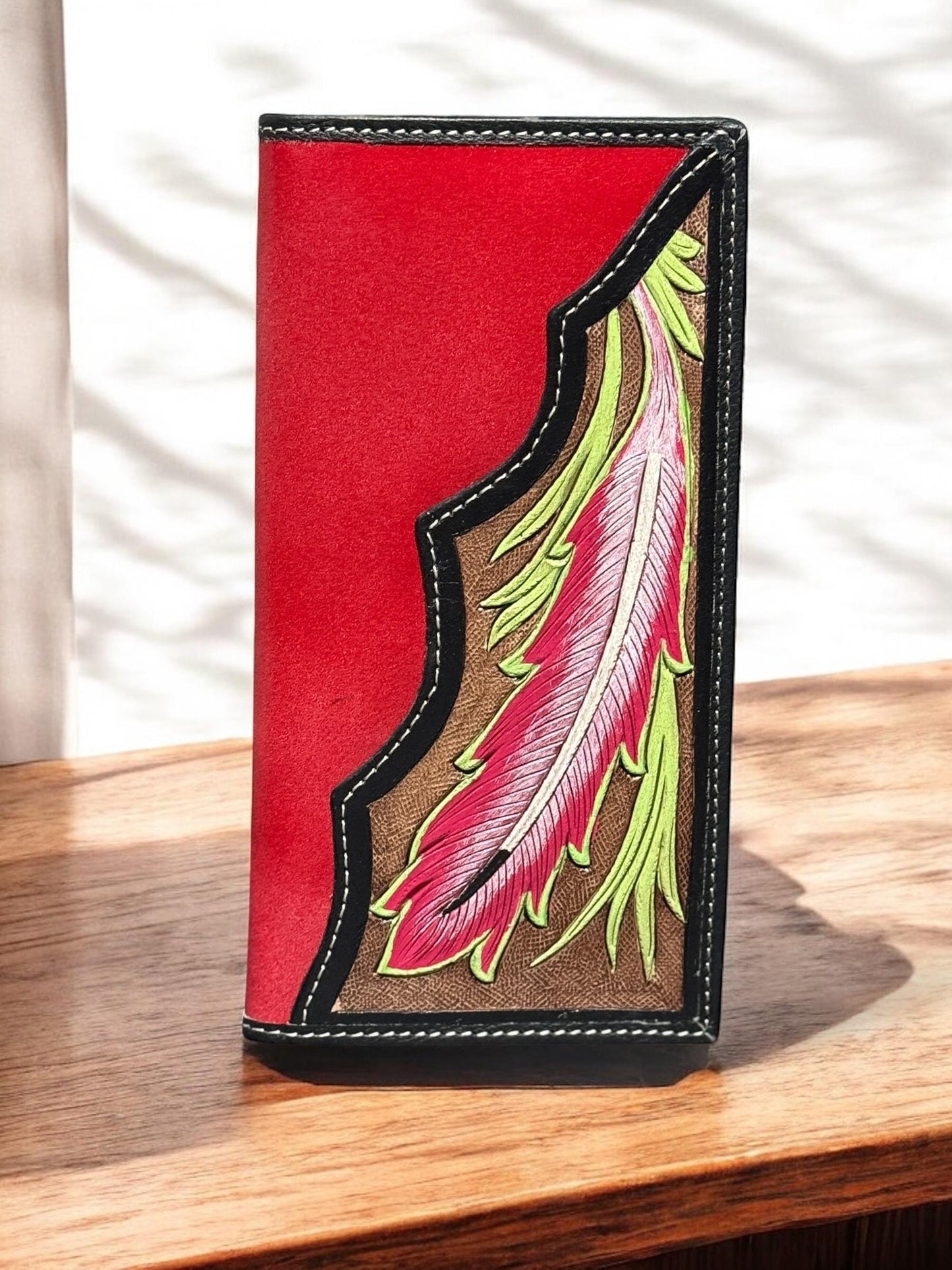 Colorful Western Cowboy Checkbook wallet tooled leather with painted painted details by Double B Wild Rags