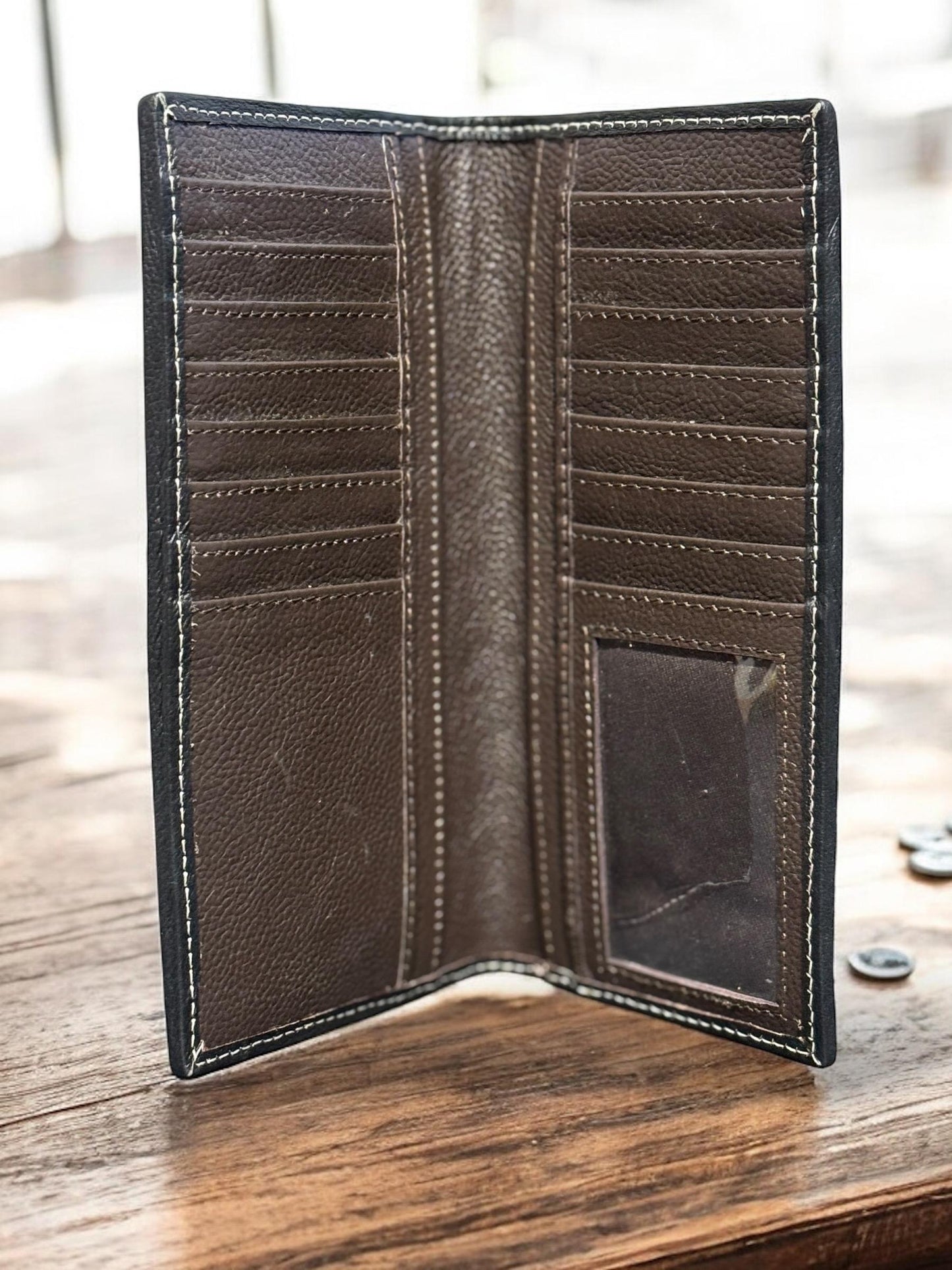 Colorful Western Cowboy Checkbook wallet tooled leather with painted painted details by Double B Wild Rags