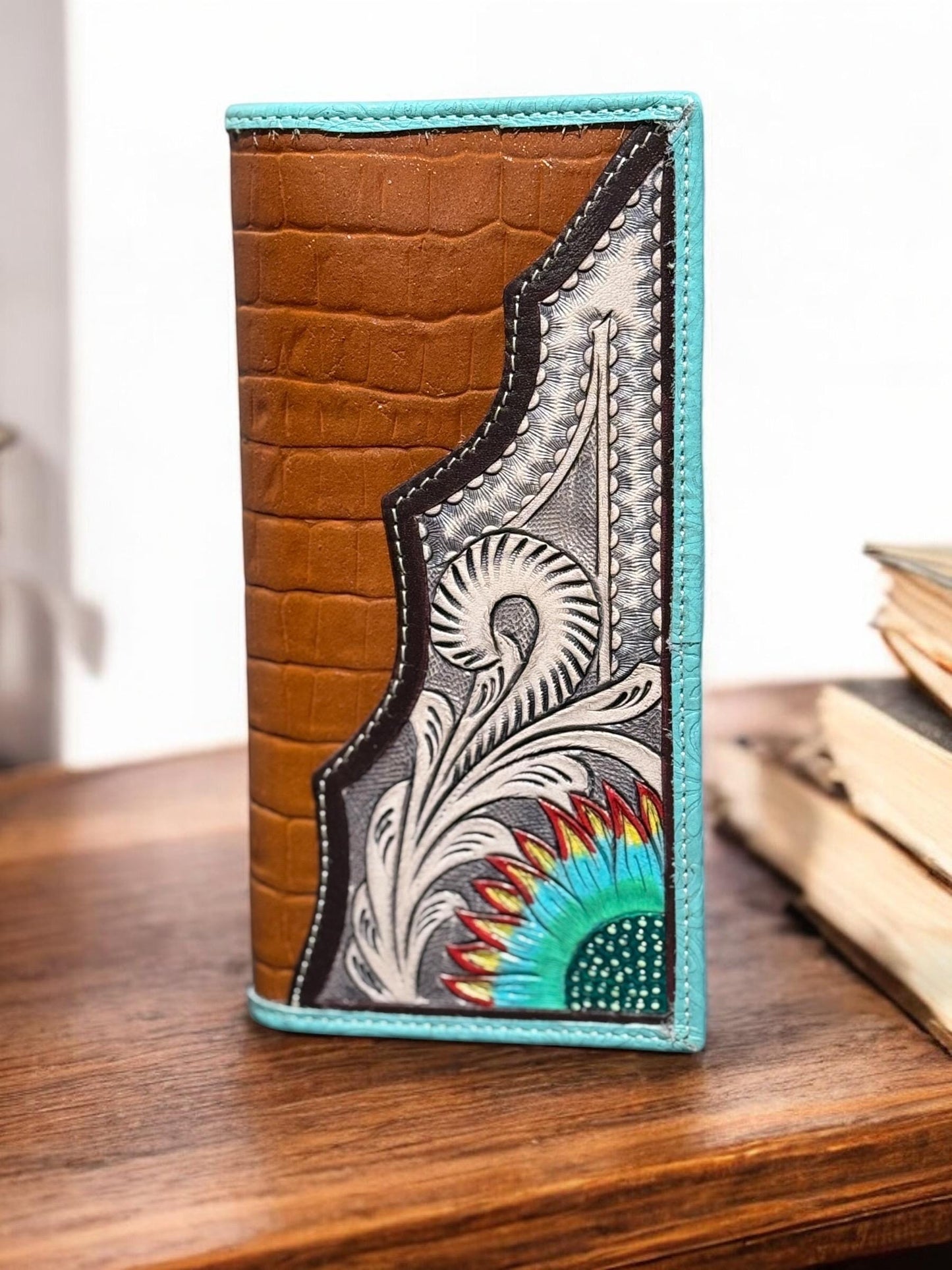 Colorful Western Cowboy Checkbook wallet tooled leather with painted painted details by Double B Wild Rags