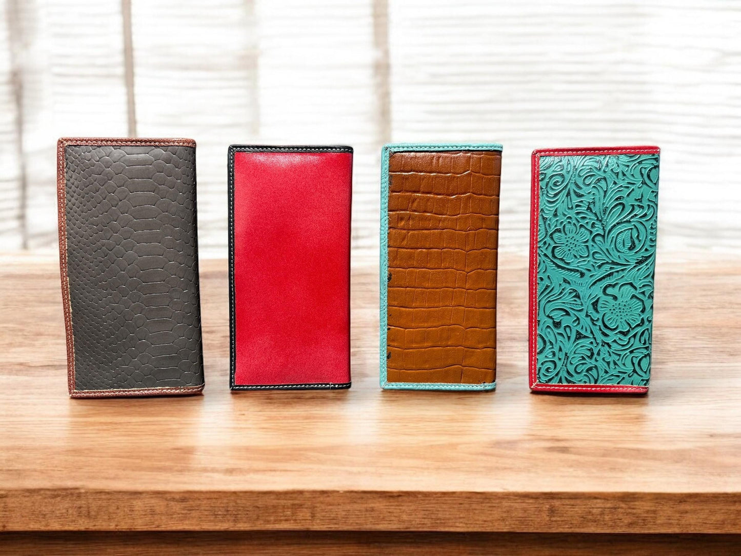 Colorful Western Cowboy Checkbook wallet tooled leather with painted painted details by Double B Wild Rags