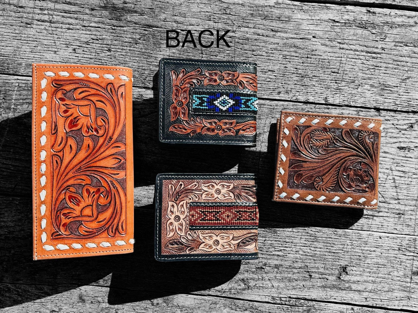 Men’s Western bi-fold Cowboy wallet tooled floral and seed bead details by Double B Wild Rags