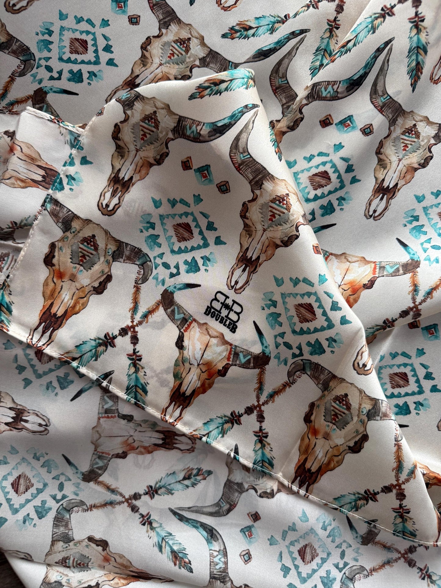 100% Silk Wild Rag Cow skulls on ivory by Double B Wild Rags Silk western scarf